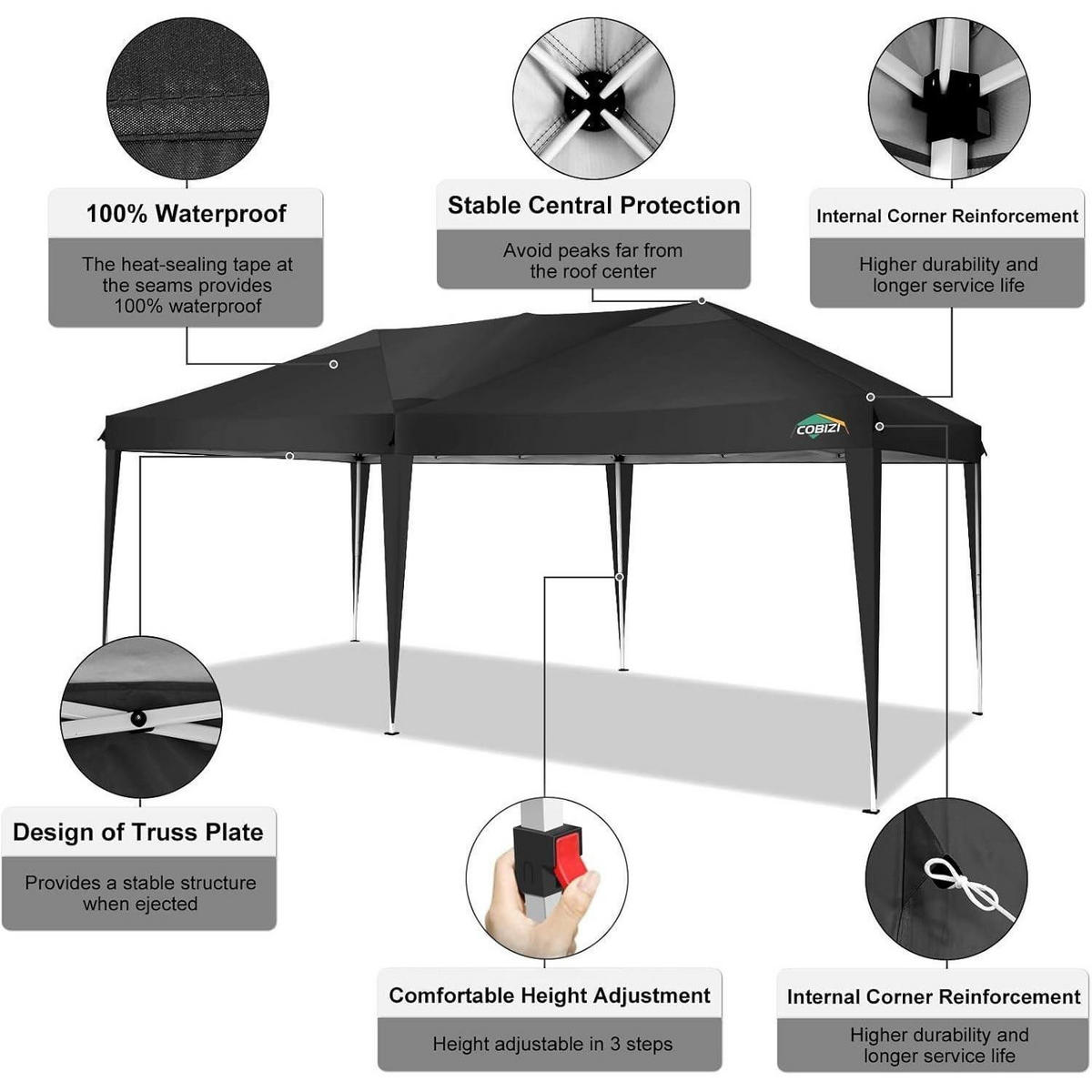 FALTPAVILLON 3 x 6 m wasserdicht UV-Schutz mit 6 Seitenwänden Schwarz - Schwarz, Textil (300/275/600cm)