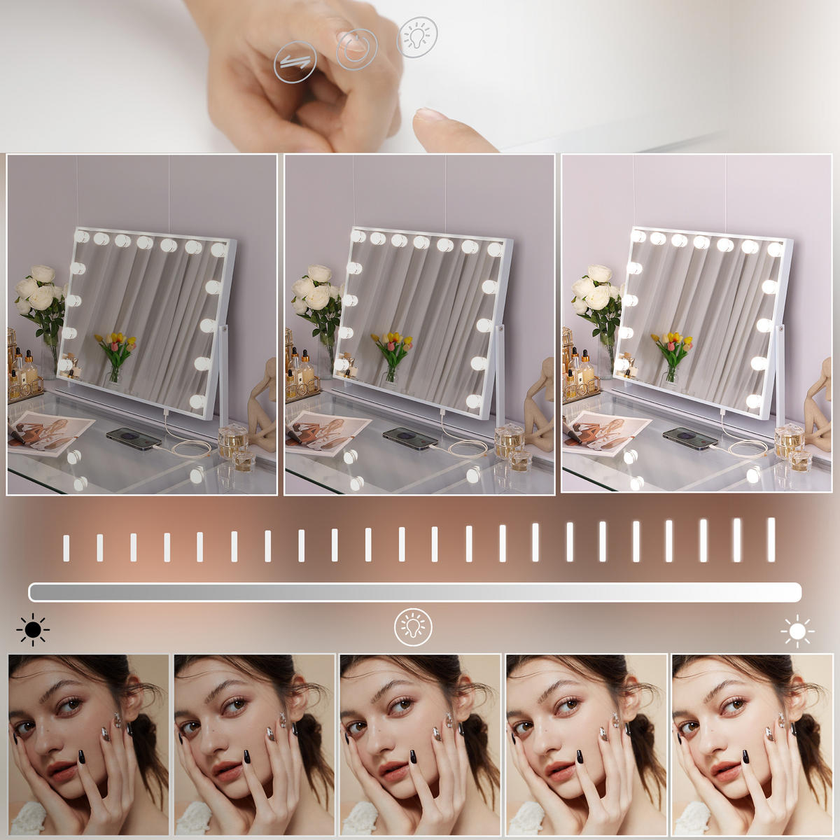 SCHMINKSPIEGEL mit LED-Beleuchtung drehbar weiß 58/46 cm - Weiß, Metall (58/46/3cm) - VANITII