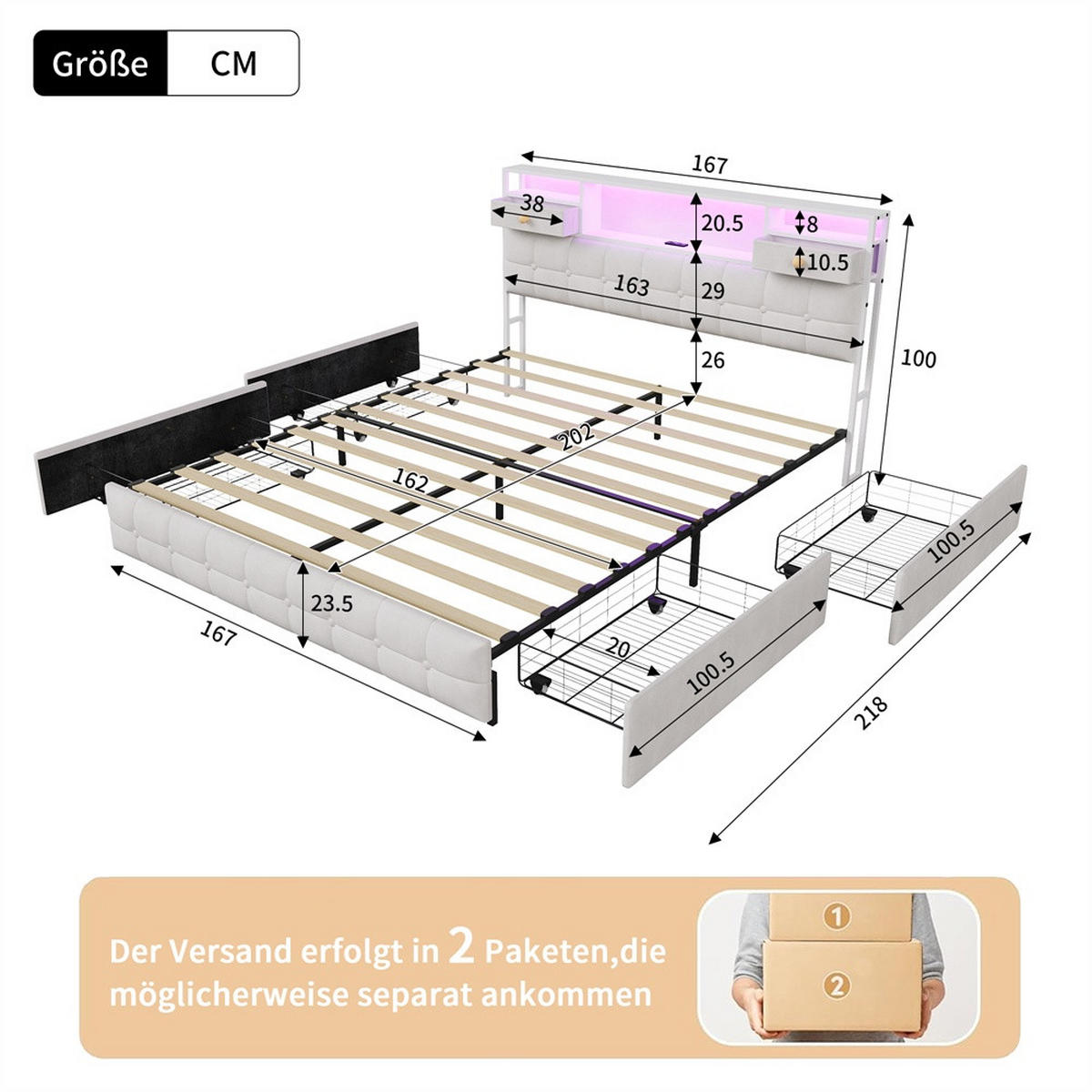 POLSTERBETT 160x200 cm mit LED-Beleuchtung - USB-Ladefunktion und 6 Schubladen - ohne Matratze - Beige - Beige, Textil (160/200cm) - DELFA