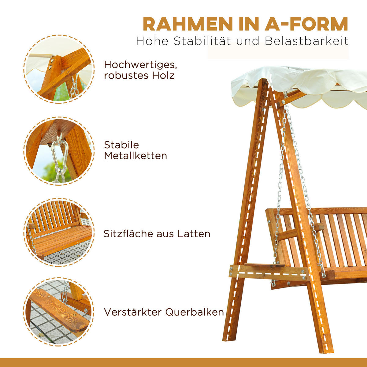 HOLLYWOODSCHAUKEL, Gartenschaukel, Lärche, Metall, Kunststoff, Natur+Creme - Fichtefarben/Creme, Holz/Kunststoff (130/185/162cm) - Outsunny
