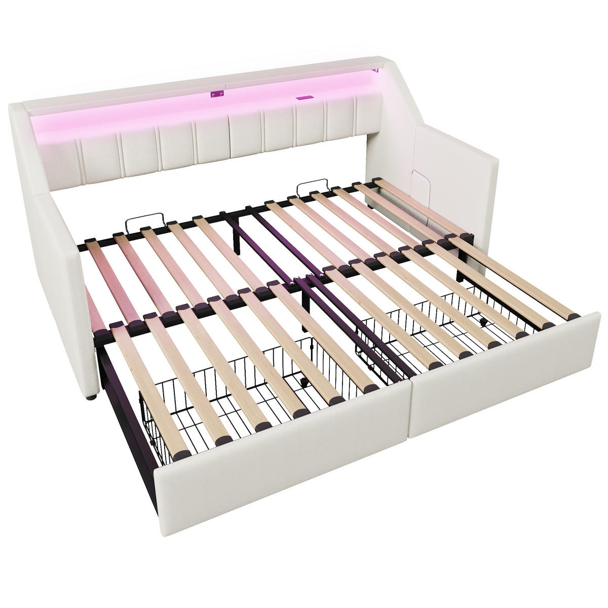 TAGEBETT 90x200cm Beige USB-C LED-Leiste 2 Schubladen Ausziehbett - Beige, Holz (90/200cm) - FLIEKS