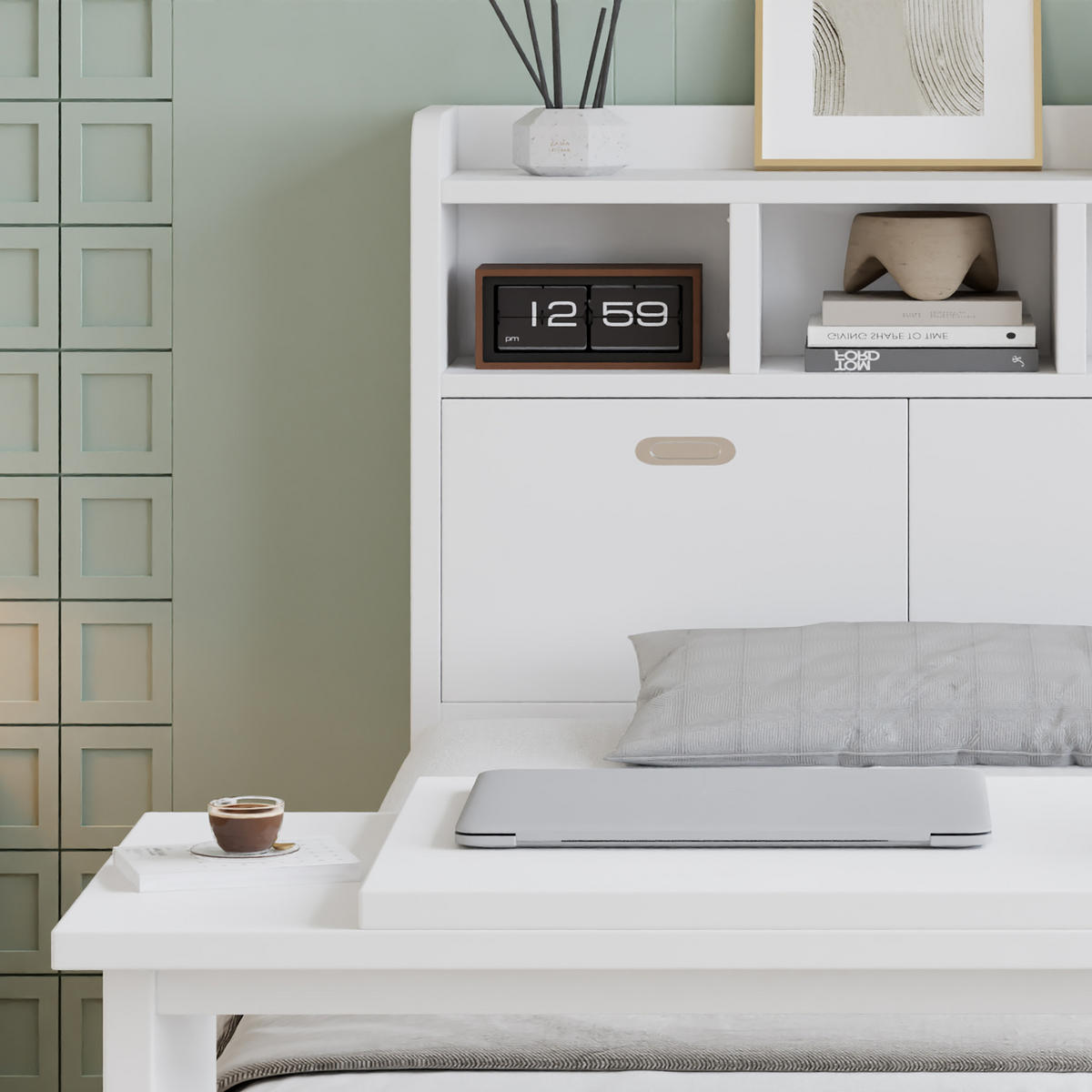 JUGENDBETT 90/200 cm in Weiß mit Stauraum, Kopfteilregal und Klapptisch aus Holz - Weiß, Holzwerkstoff - STILVORA