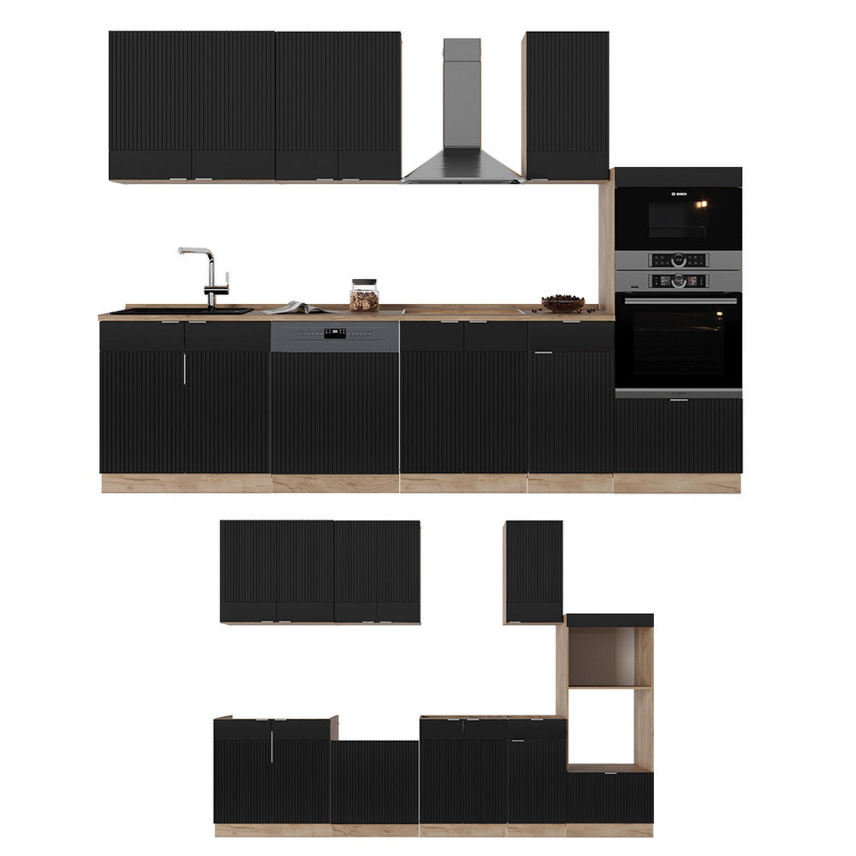 KÜCHENZEILE Fame-Line, Schwarz gestreift/Goldkraft Eiche, 300 cm mit Hochschrank, AP Anthrazit - Honigeiche/Schwarz, Holzwerkstoff (300/81.6/60cm) - Vicco