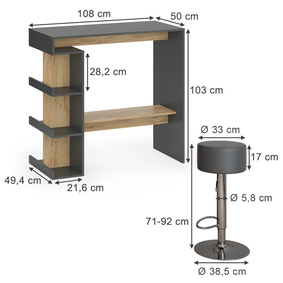 BARTISCH-SET Dana Anthrazit/Goldkraft Eiche 108 x 50 cm mit 2 Barhockern - Honigeiche/Anthrazit, Holzwerkstoff (50/108/103cm) - Vicco