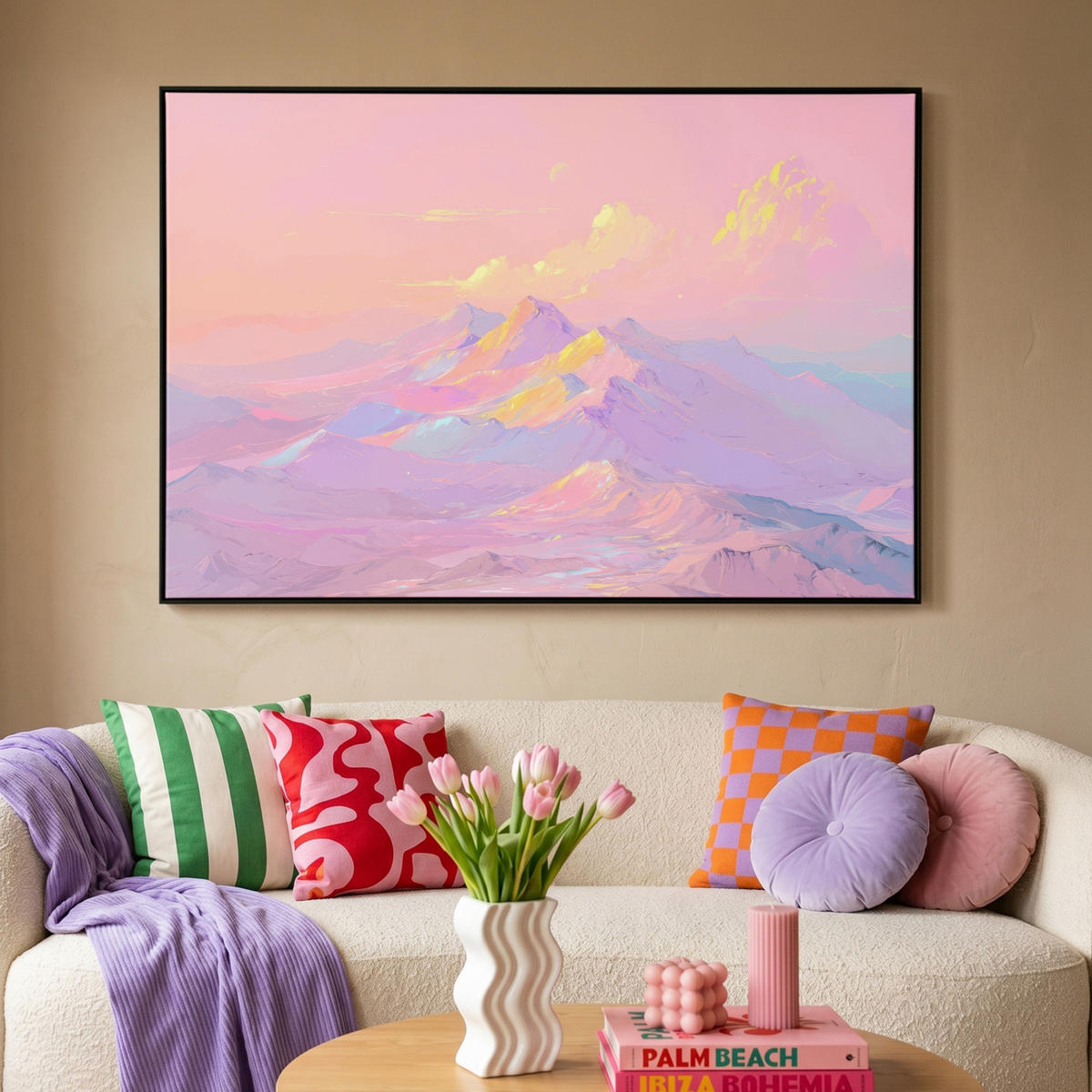 LEINWAND Bilder mit Rahmen - Berggipfel - Wolken - Verträumt - 150x100 - Hellrosa, Textil (150/100cm) - MuchoWow