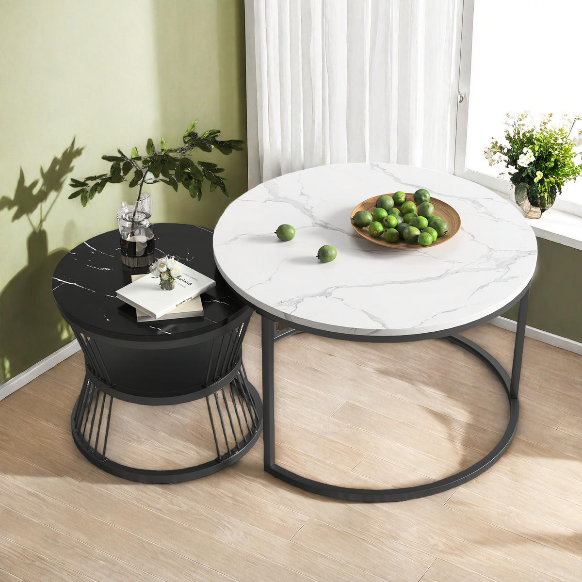 COUCHTISCH-SET rund 2er Set Marmoroptik Schwarz/Weiß - Schwarz, Metall (70/70/45.5cm) - SHOPENTRA