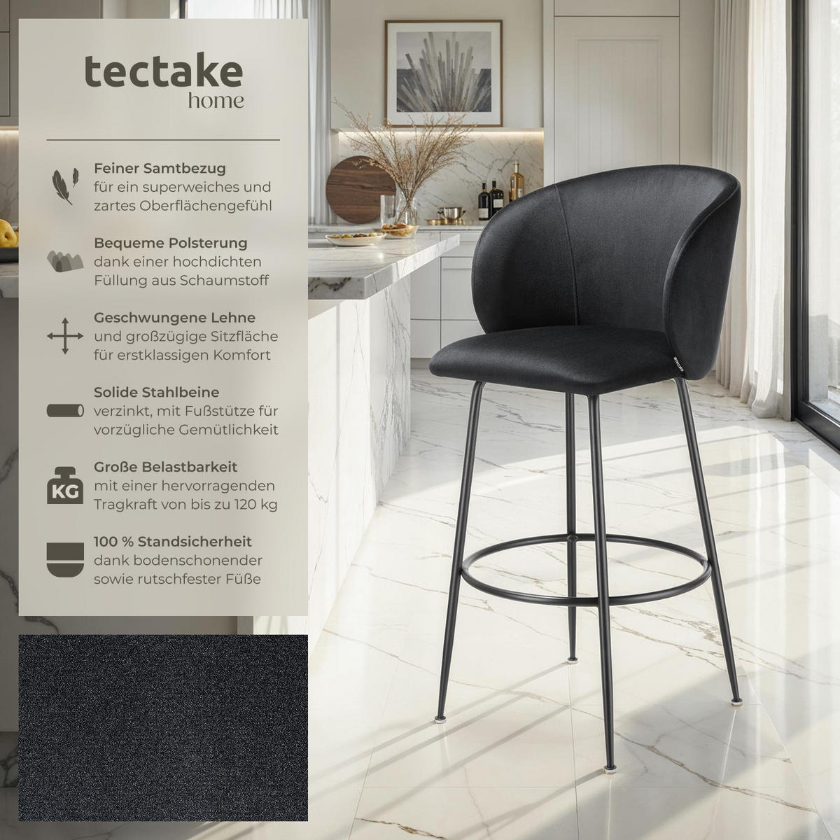 BARSTUHL Luana,51 x 60 x 106 cm, Belastbarkeit 120 kg,schwarz/schwarz - Schwarz, Kunststoff (51/106/60cm) - tectake