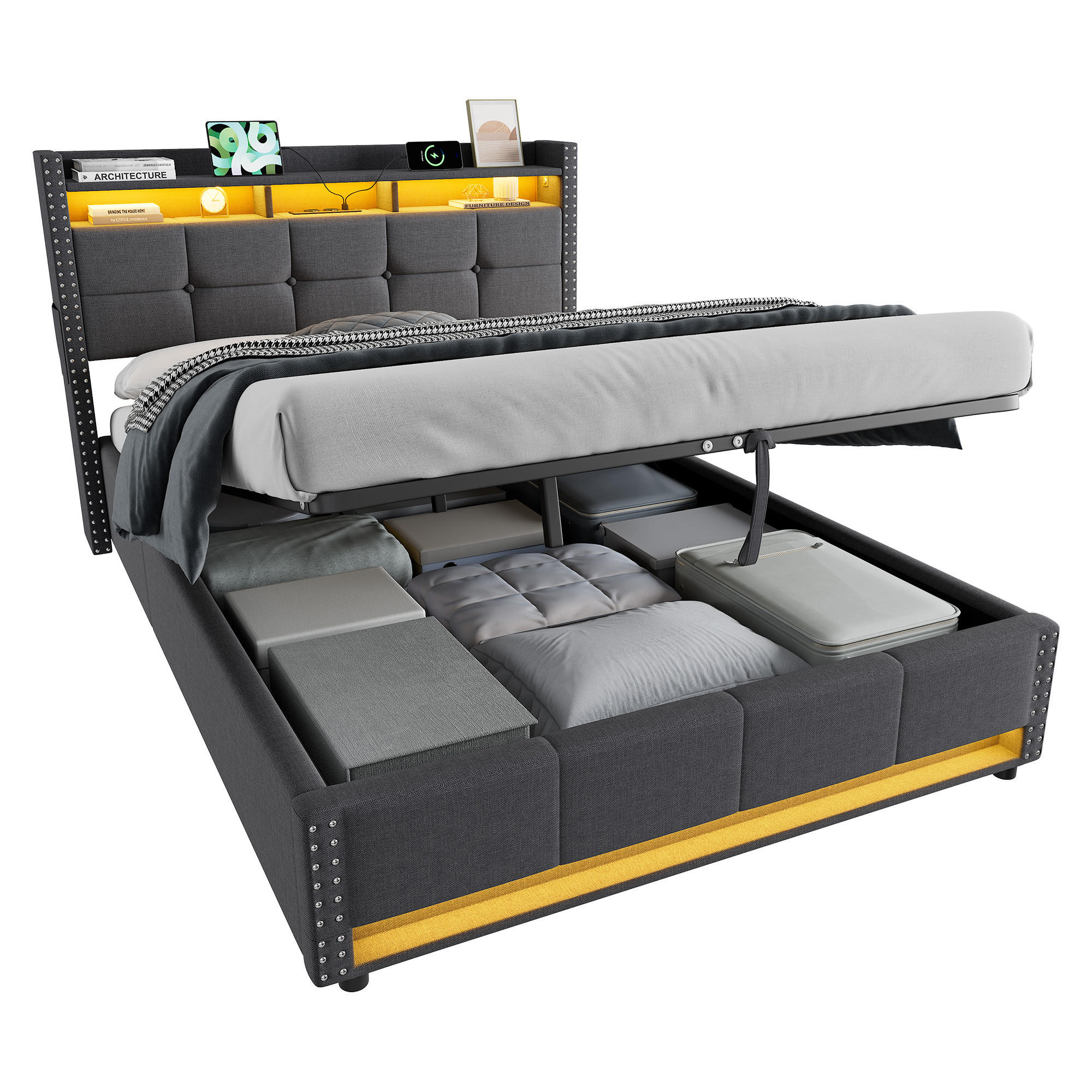 POLSTERBETT 218/151/107 cm aus Leinenstoff mit hydraulischem Stauraum, LED & Ladeanschlüssen, Dunkelgrau - Dunkelgrau, Textil (140/200cm) - OKMYHOME