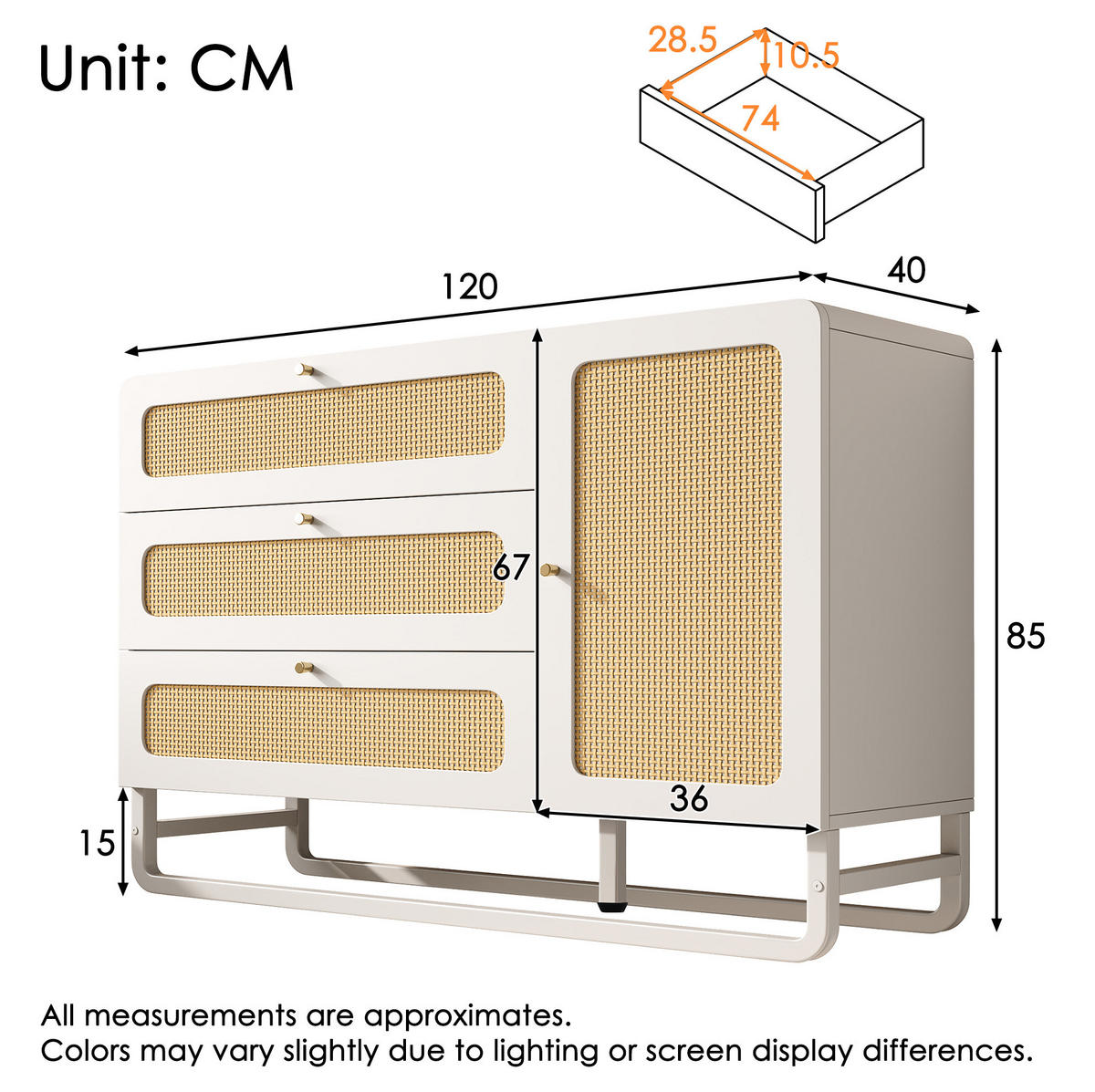 KOMMODE aus Holz und Metall 120/40/85 cm mit 3 Schubladen, Türfach, verstellbaren Einlegeböden und Kippsicherung, Weiß - Weiß, Metall (120/85/40cm) - Redom