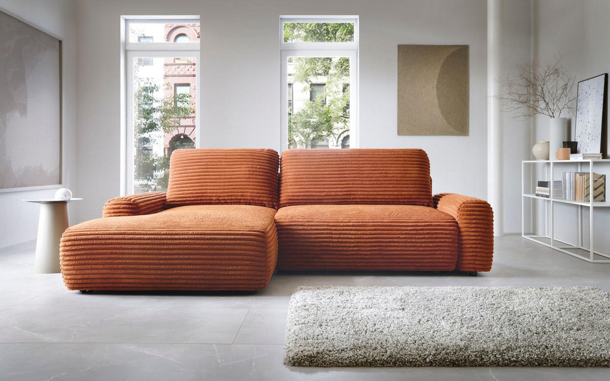 ECKSOFA OSSO Orange Velours-Stoff mit Schlaffunktion - Orange, Holz (264/162cm) - MASSENO