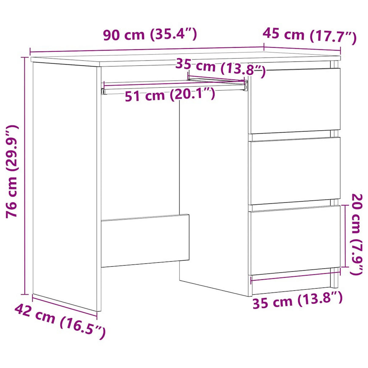 SCHREIBTISCH mit 3 Schubladen, 1 Tastaturauszug 90/45/76 cm aus Holzwerkstoff Sonoma-Eiche Dekor - Braun/Sonoma Eiche, Holz (45/90/76cm) - vidaXL