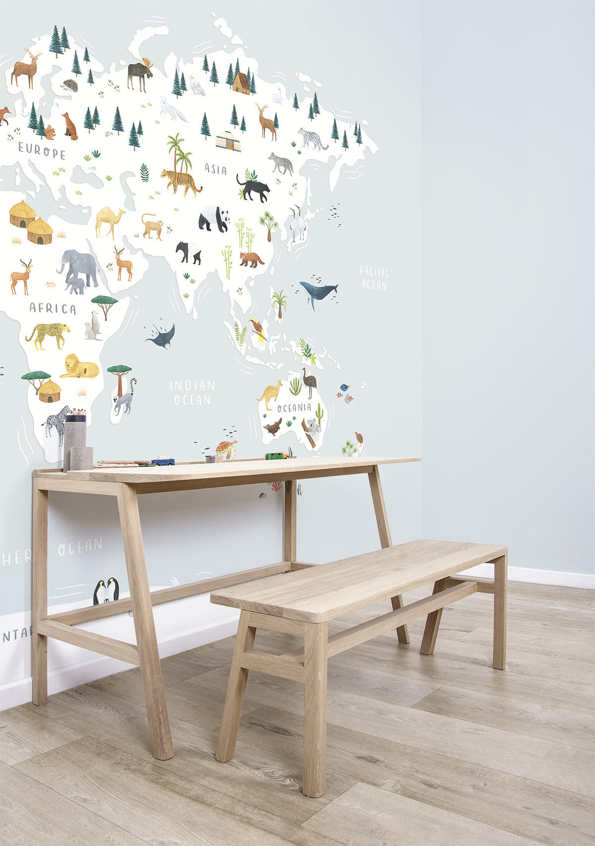 VLIESTAPETE Weltkarte mit Tieren 4 m x 3 m, blau/grau - Blau, Papier (300/400cm) - Lilipinso