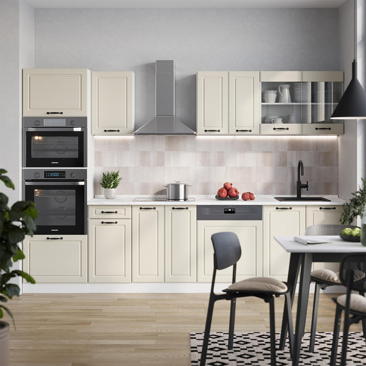 KÜCHENZEILE R-Line, Sand Landhaus/Weiß, 300 cm ohne Arbeitsplatte - Beige/Weiß, Holzwerkstoff (300/206.8/46cm) - Vicco