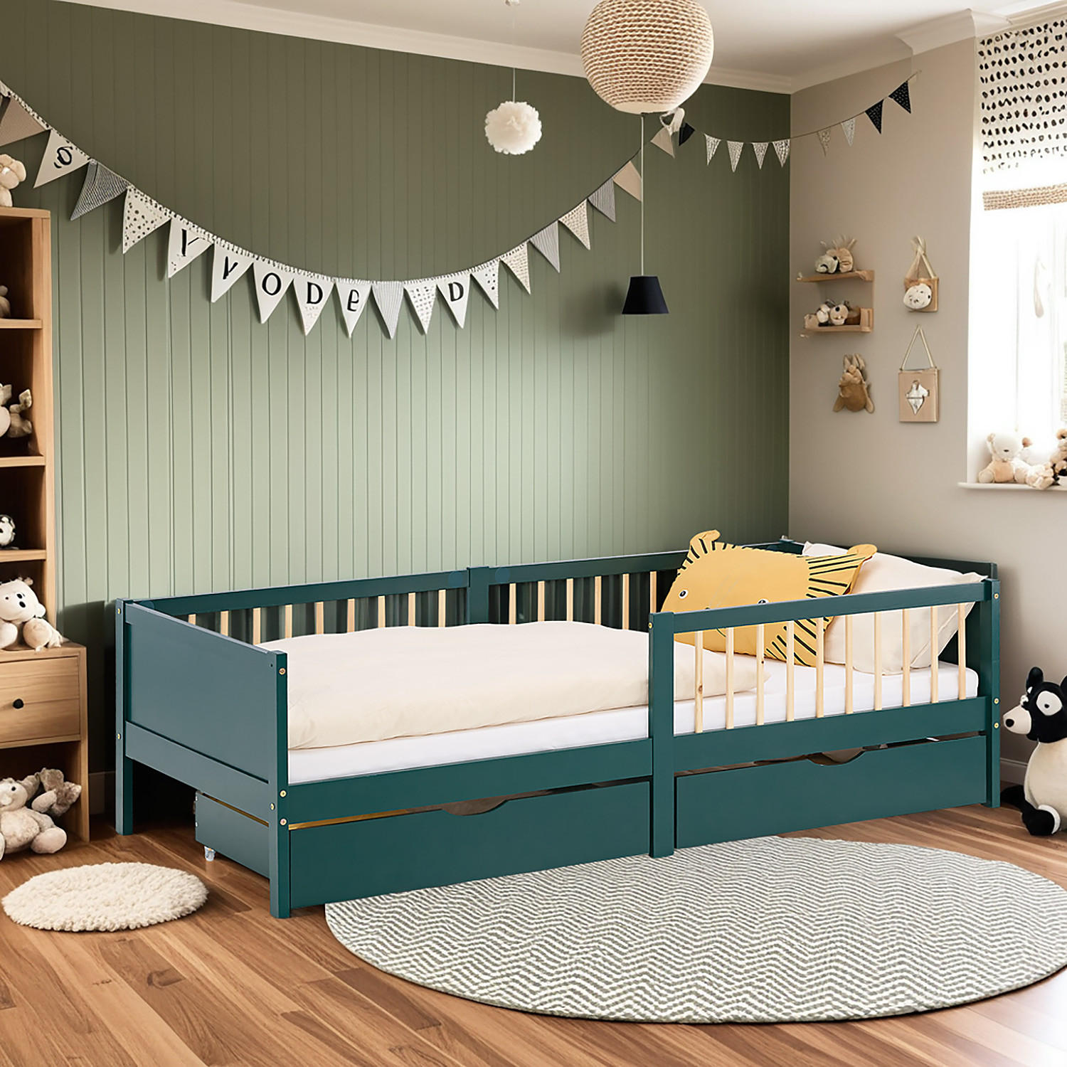 KINDERBETT Grün 90/200 Matratze 2 Bettkästen Rausfallschutz - Grün, Holz (90/200cm) - Homestyle4u