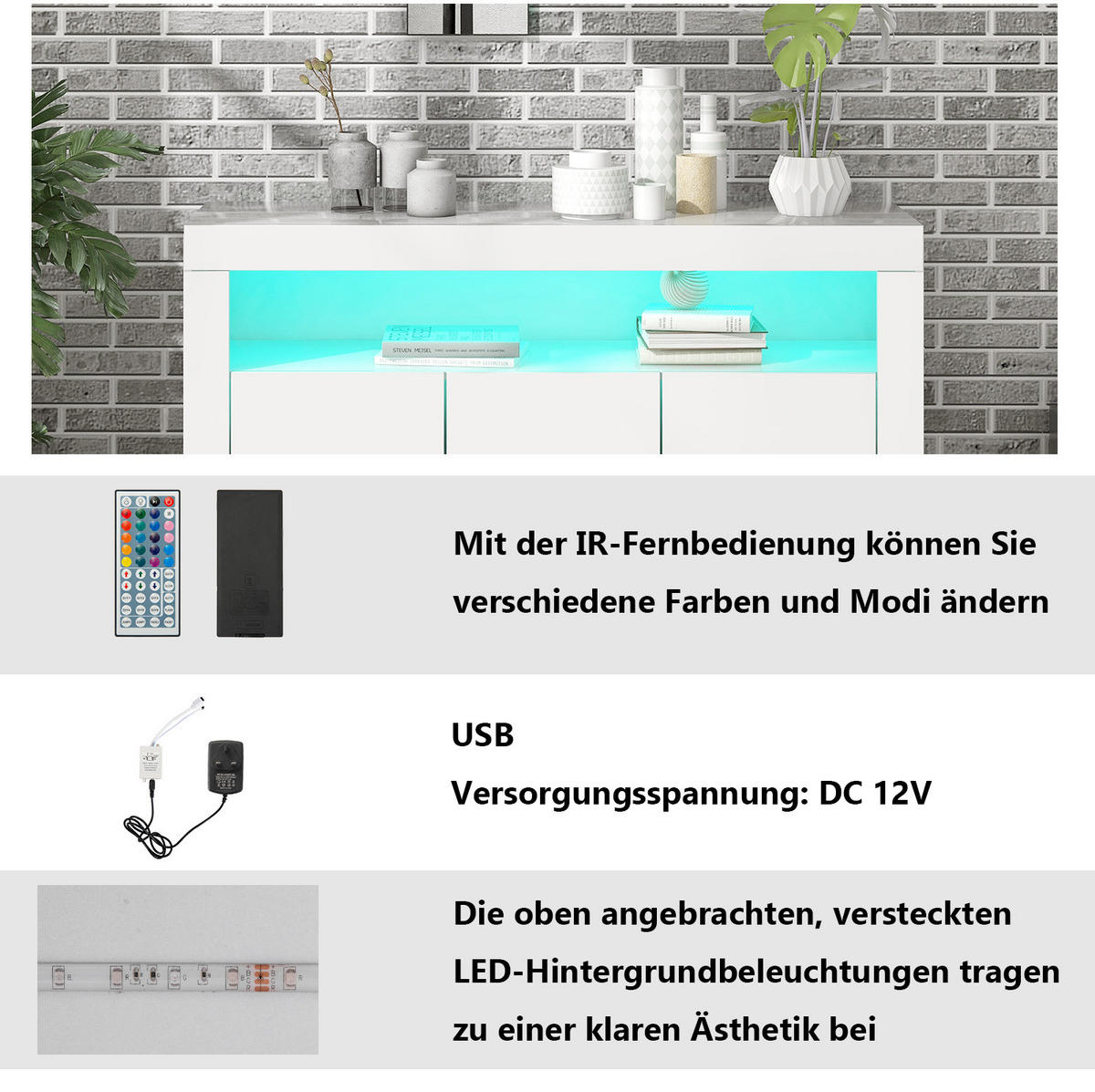 SIDEBOARD 130/35/95 cm Weiß aus Spanplatte mit LED-Beleuchtung - Weiß, Holzwerkstoff (130/95/35cm) - OKWISH