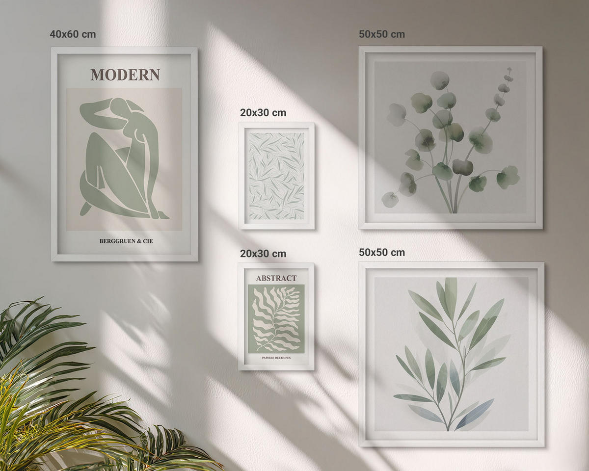 BILDER SET 5er Set - 50x50 cm & 20x30 cm & 40x60 cm Weißer Rahmen - Matisse entwirft Boho-Pflanzen - Weiß, Kunststoff (40/60cm) - TULUP