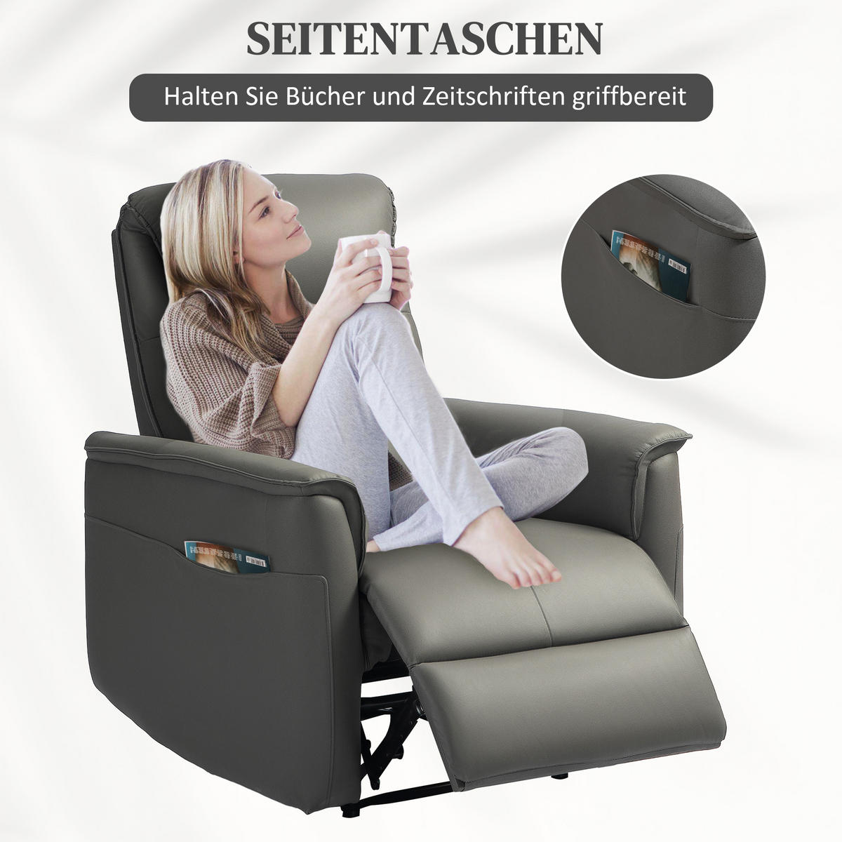 RELAXSESSEL mit Liegefunktion, Hellgrau - Hellgrau, Textil (84/105/89cm) - HOMCOM