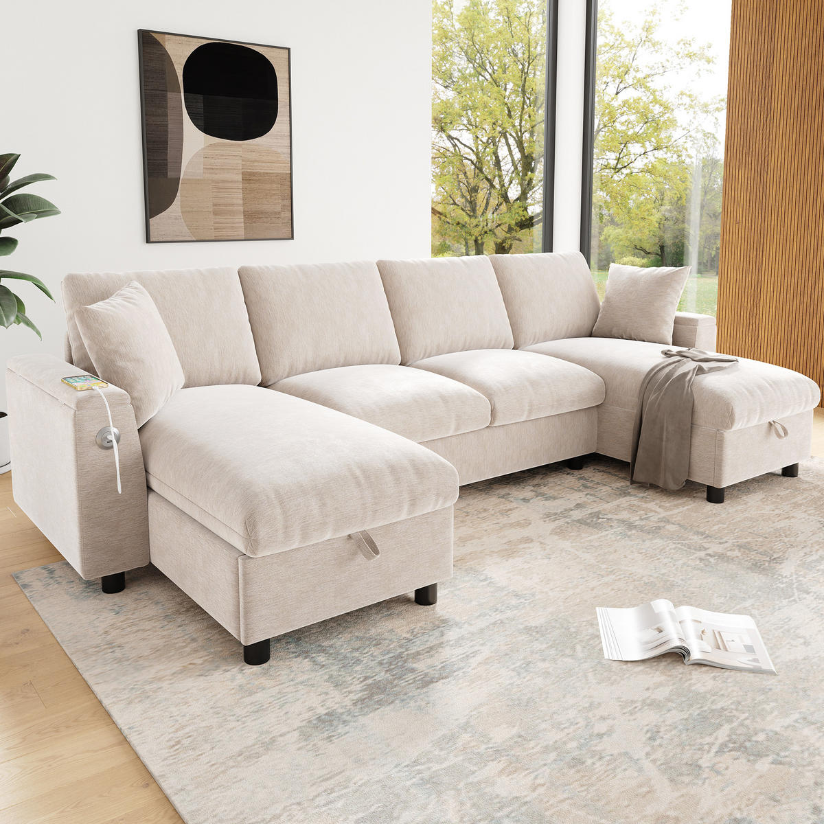 WOHNLANDSCHAFT Chenille Beige mit Stauraum, USB und Type-C-Anschluss - Beige, Holzwerkstoff/Kunststoff (284/84/135cm) - WISHDOR