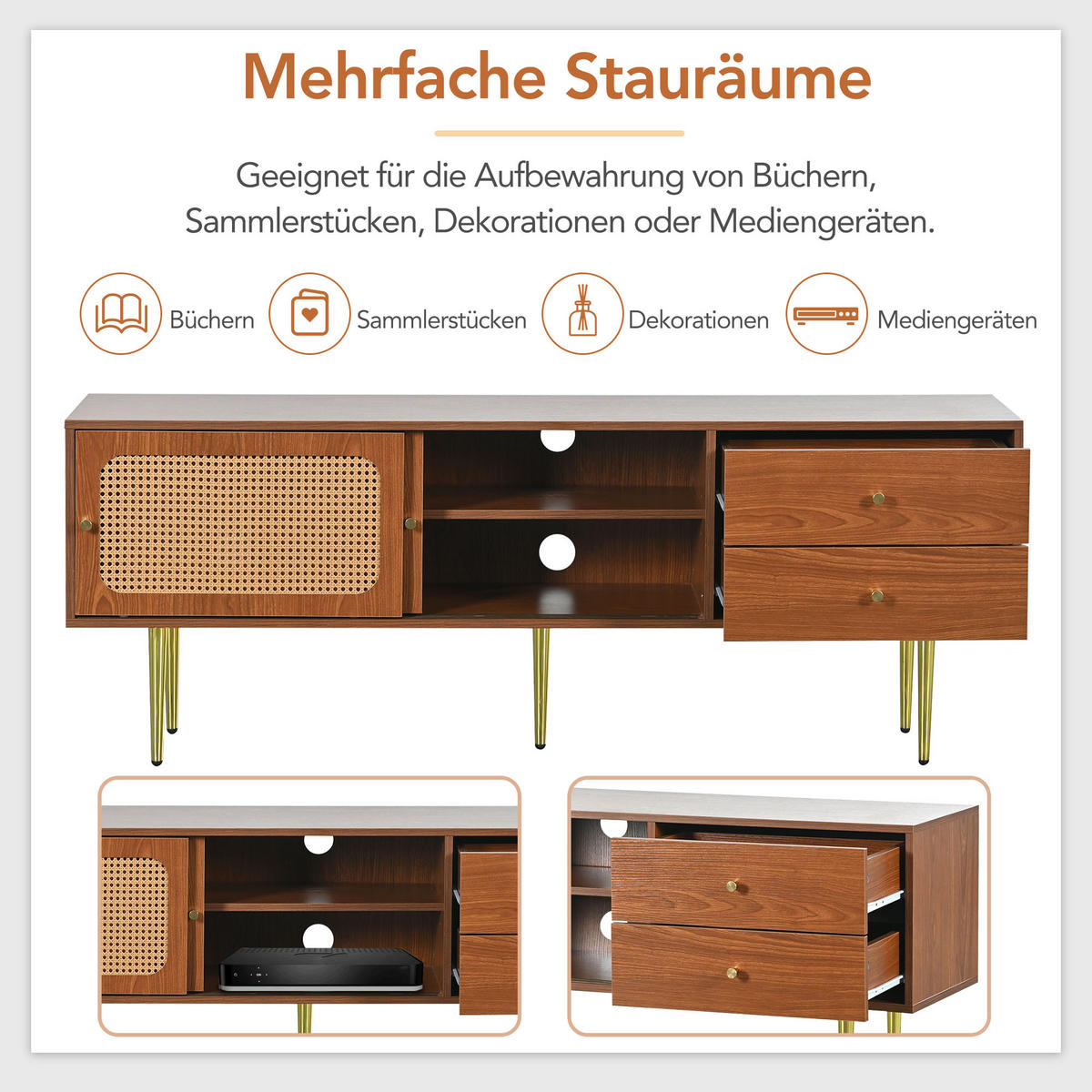 TV-SCHRANK in Walnuss mit Schiebetüren in Rattan-Optik 160/40/60 cm - Walnussfarben, Holzwerkstoff (160/60/40cm) - Redom