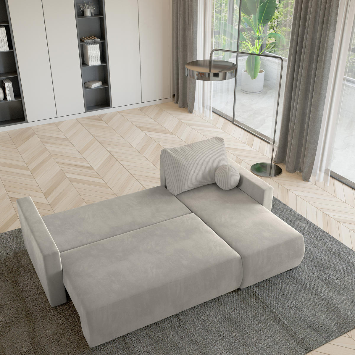 ECKSOFA SORGE Creme Plüsch-Stoff mit Schlaffunktion - Creme, Holz (220/143cm) - MASSENO