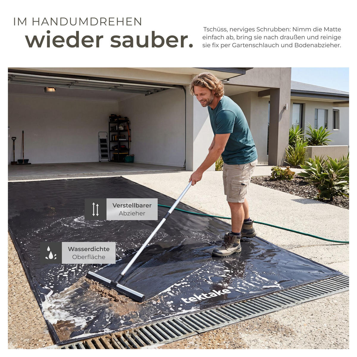 GARAGENBODENMATTE , inklusive ausziehbarem Abzieher, schwarz - Schwarz, Kunststoff (240/550cm) - tectake