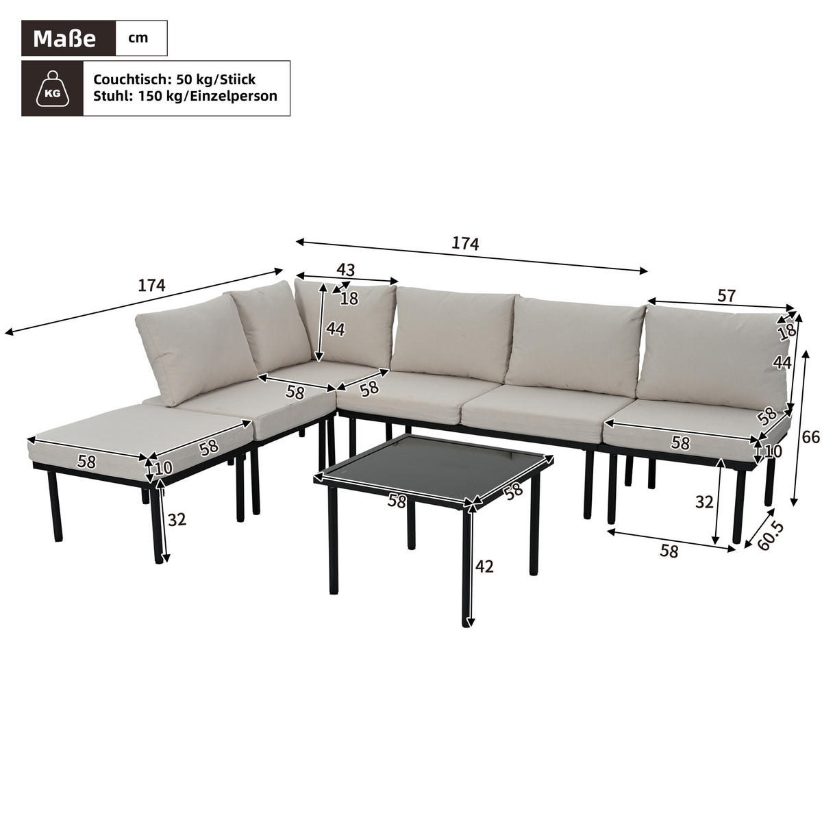 GARTENSET 231x174x66cm beige aus Stahl und Olefin, verstellbar - Beige, Metall - Modfu