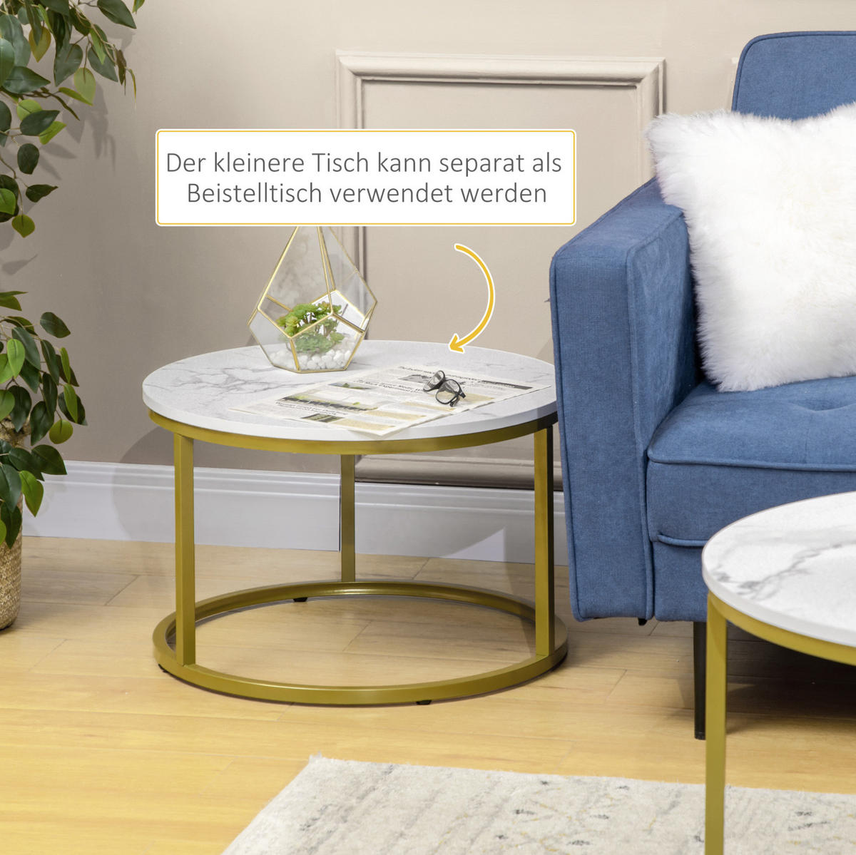 KOMPLET 2 klubskih mizic, Ø 74/59 cm, jeklo zlata barva, bela z marmornim dekorjem - bela, kovina (74/74/46.3cm) - BEAOK