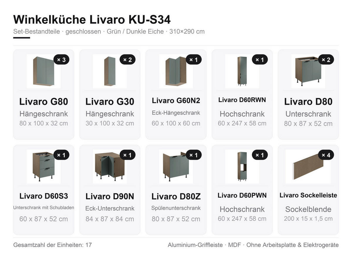 WINKELKÜCHE - 310 x 290 cm Livaro – KU-S34 – Grün / Dunkle Eiche - Schwarz/Grün, Holzwerkstoff/Metall (310/247/290cm) - hi-markt