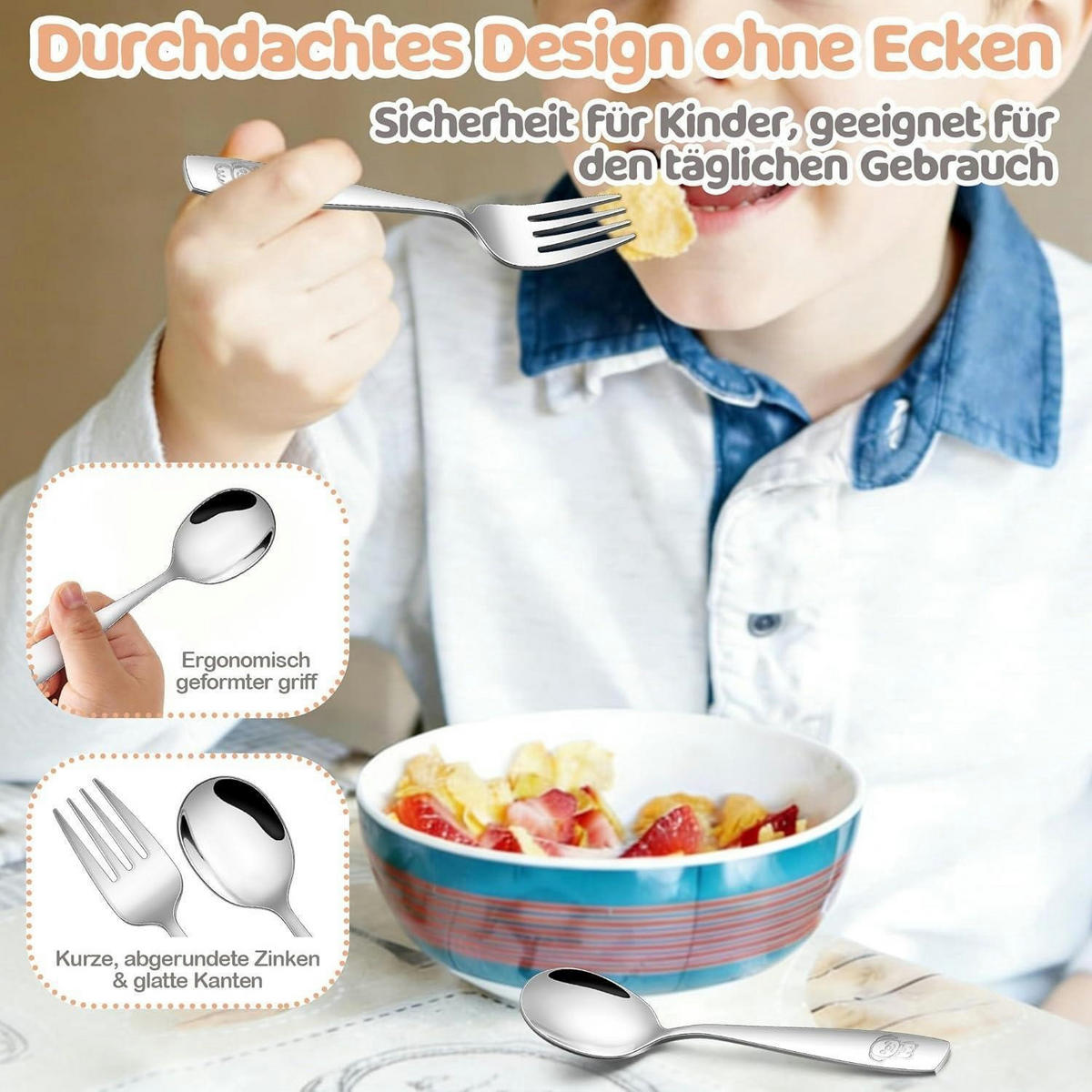 KINDERBESTECK Set Edelstahl 6-teilig mit Tiermotiv - Silberfarben, Metall