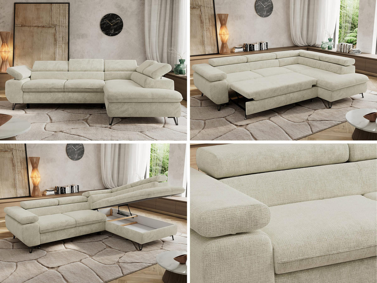 ECKSOFA PABLO L Creme Schenille grob gewebt - Rechts Seite mit T25 Topper - Creme/Schwarz, Textil/Metall (273/208cm) - MKS