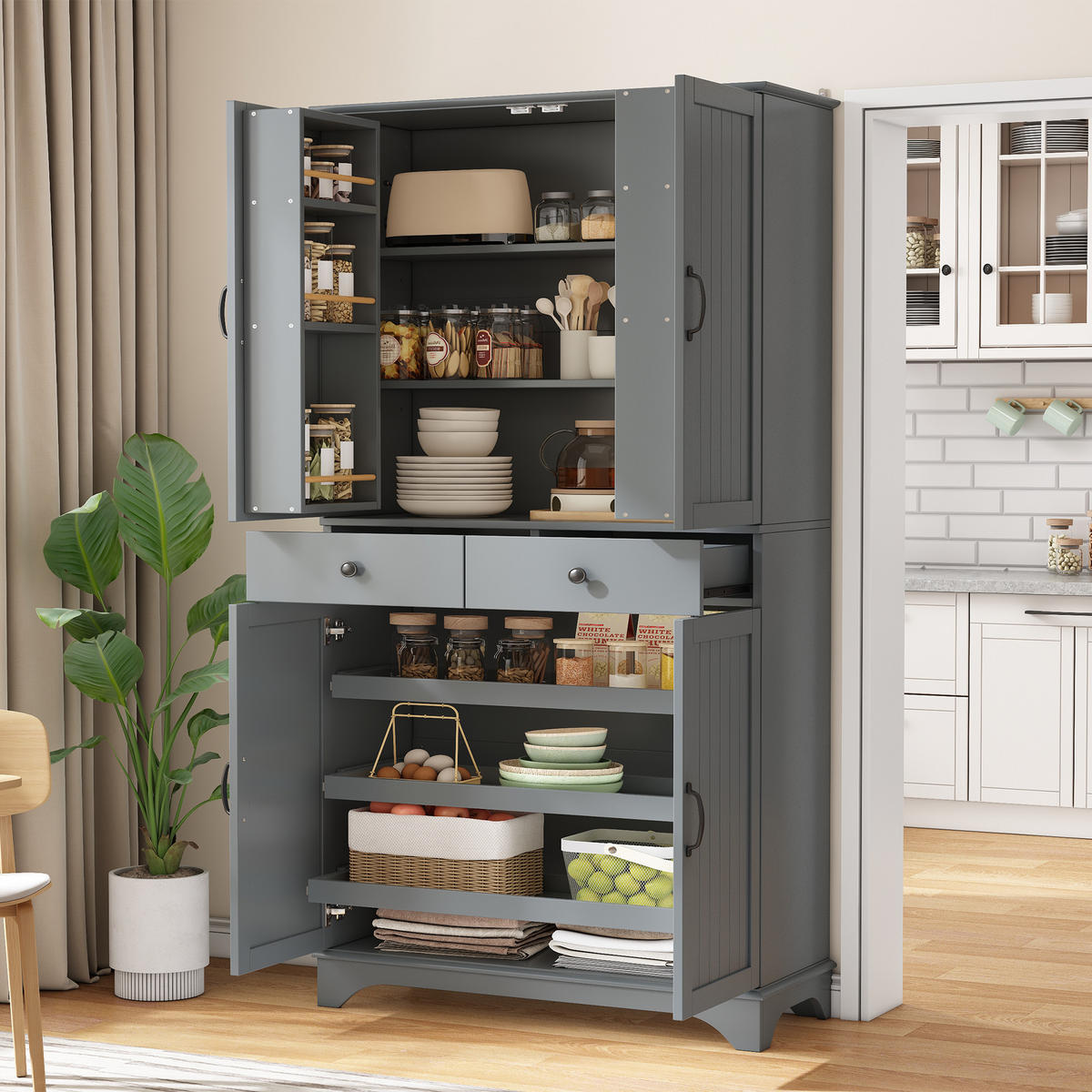 BUFFETSCHRANK Grau 77/40/181 cm - Grau, Holz (77/181/40cm) - PANGIVO