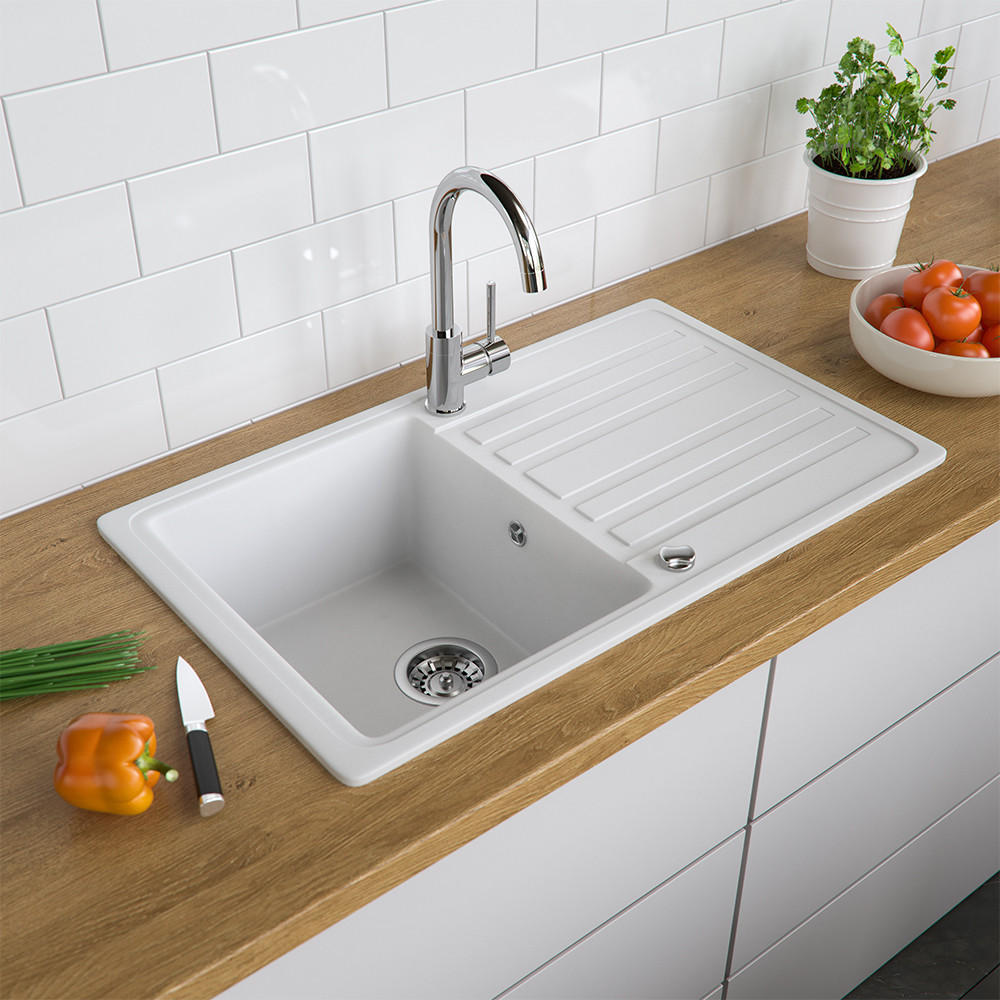 SPÜLBECKEN Weiß 76.5 x 46 cm mit Trockenplatz - Weiß, Keramik (76.5/19/46cm) - Bergstroem