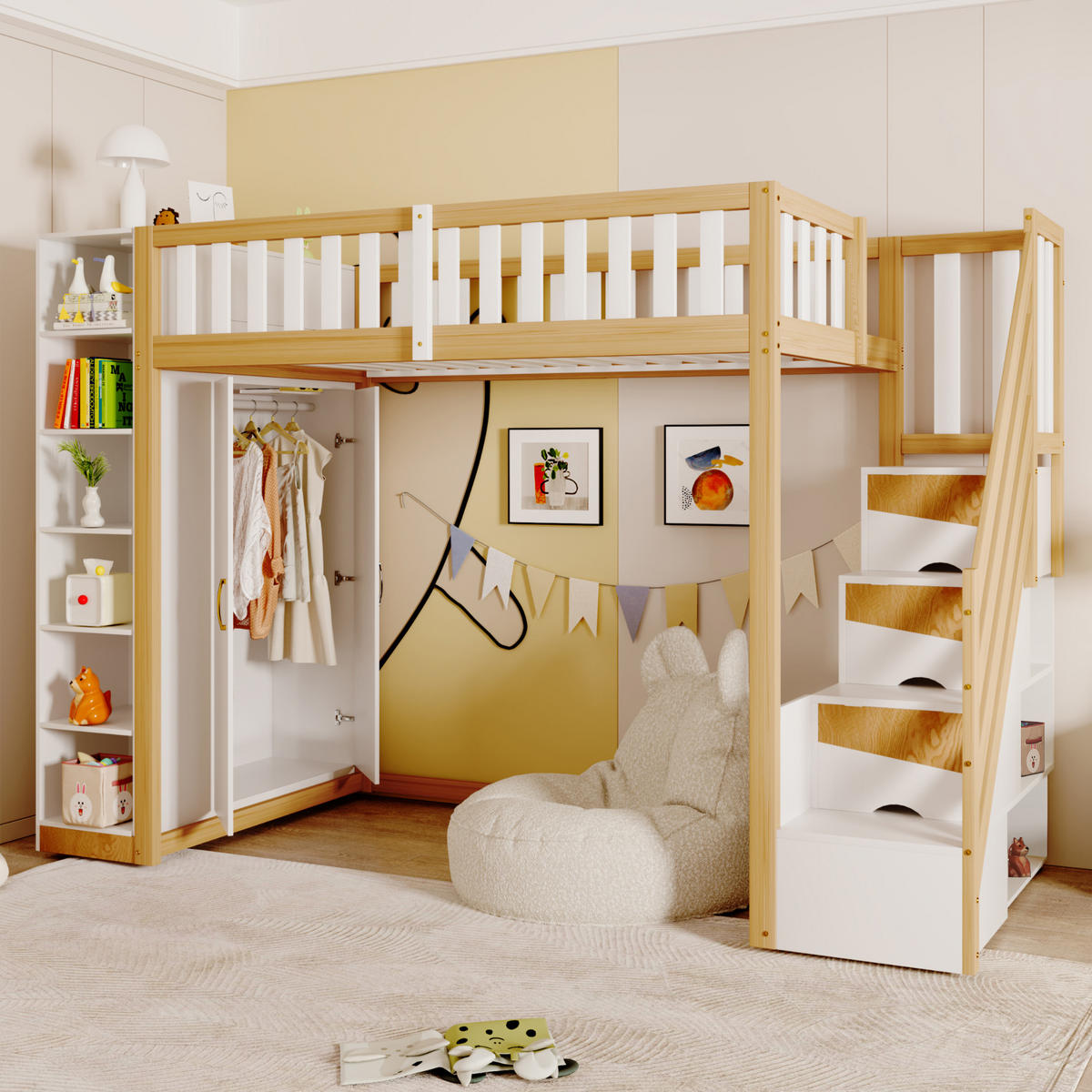 HOCHBETT 90/200 cm Weiß Naturholz mit Kleiderschrank Regalen und Stauraumleiter - Weiß, Holzwerkstoff (90/200cm) - OKWISH