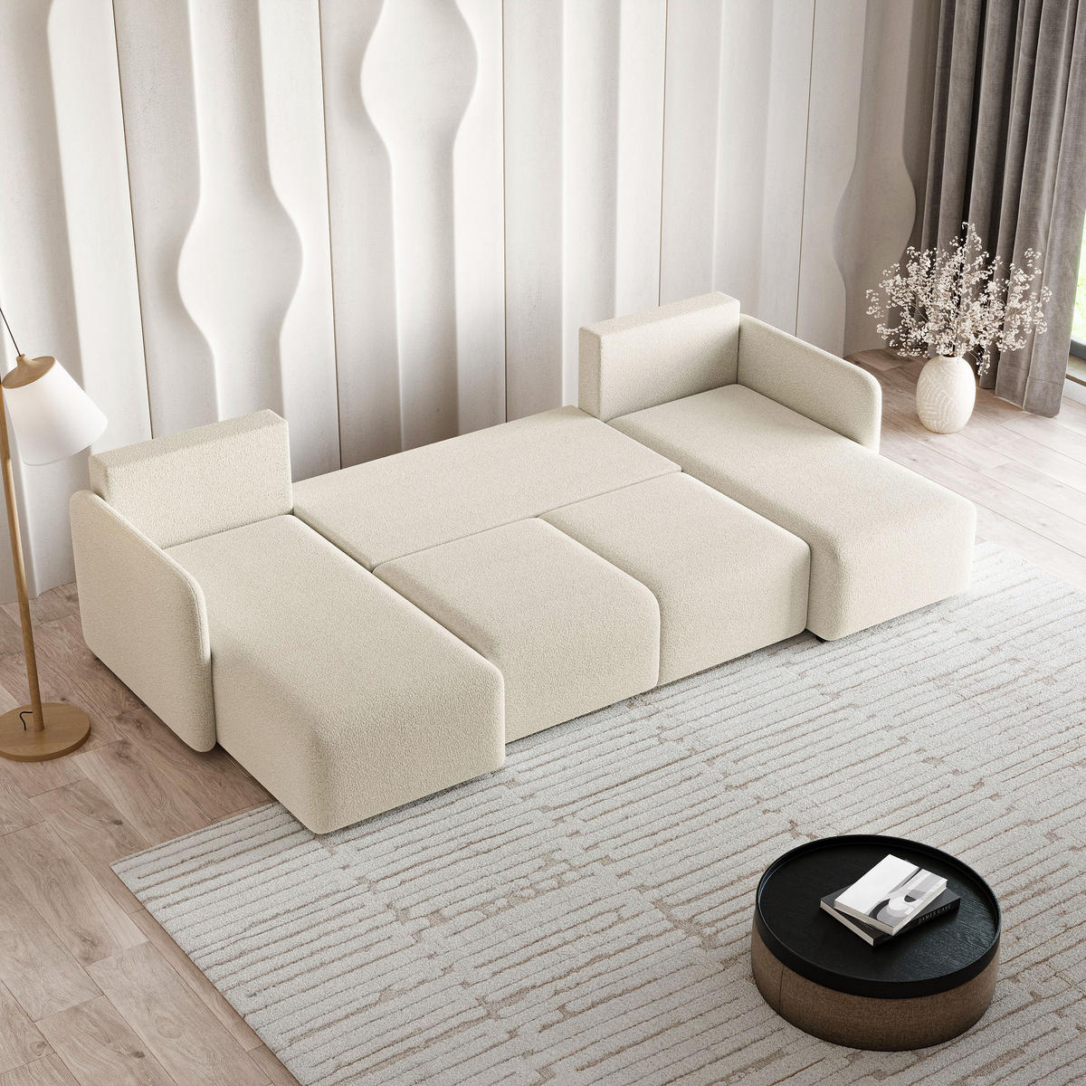 WOHNLANDSCHAFT NUBERO Creme Boucle-Stoff mit Schlaffunktion - Creme, Holz (285/85/143cm) - MASSENO