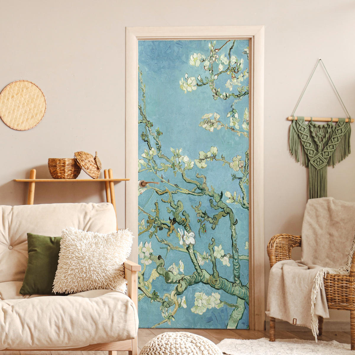 NÁLEPKA NA DVERE Mandľový kvet - Van Gogh - Umenie 85x215 cm - pastelová modrá, plast (85/0.1cm) - MuchoWow