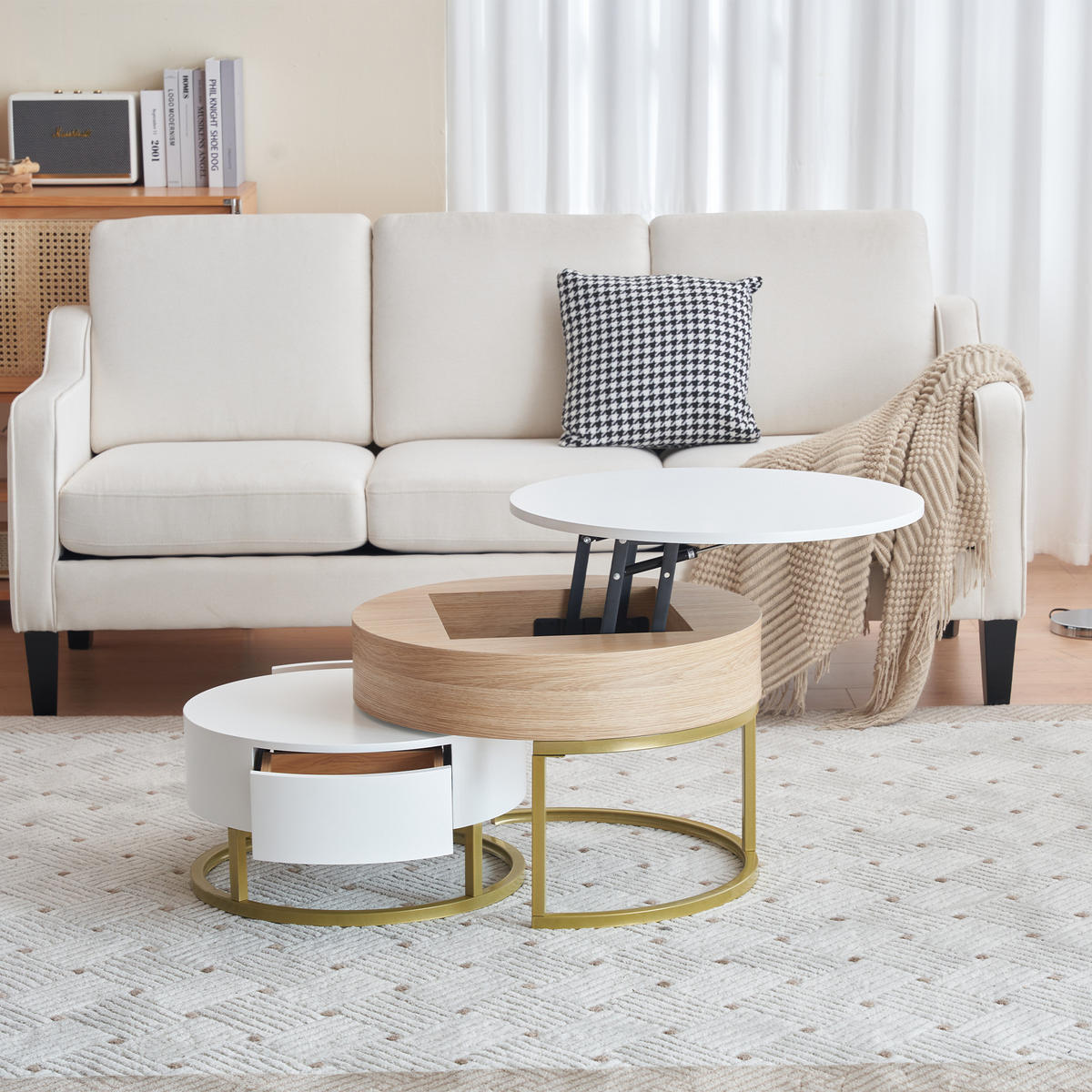 COUCHTISCH Set 2-tlg Gold Hochklappbar 2 Schubladen Satztisch Kombination - Weiß, Holz (78.5/78/22cm) - FLIEKS