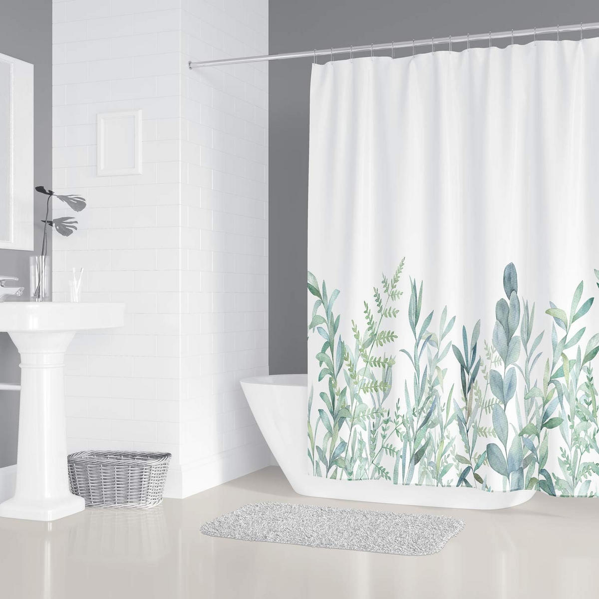 DUSCHVORHANG Stoff mit Muster Blätter Grün und Blumen schimmelresistent waschbar mit Ringen - Weiß, Textil (180/3cm) - MCBOSON
