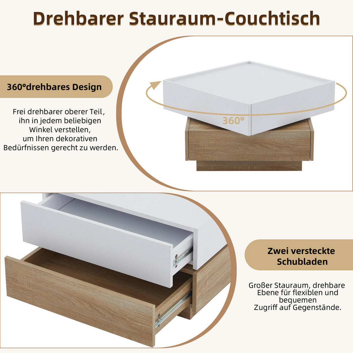 FUNKTIONSCOUCHTISCH 360° drehbar mit 2 Etagen & Schrank Weiß 60x60cm - Walnussfarben, Holz (69.85/66.29/38cm) - FLIEKS