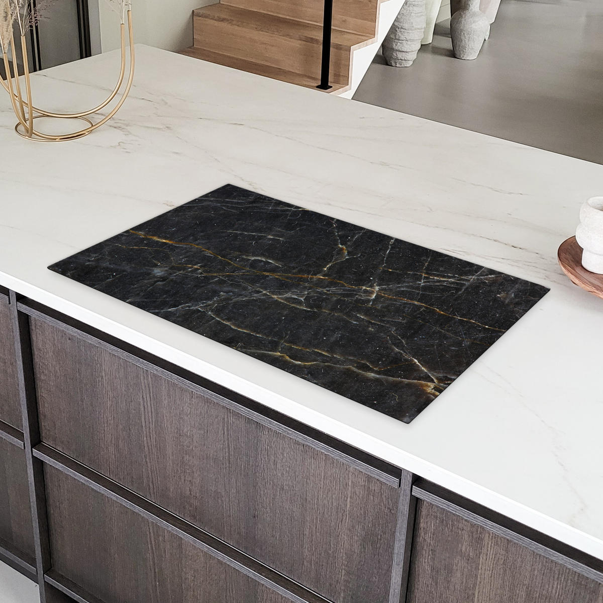 HERDABDECKPLATTE Marmor - Schwarz - Gold - Grau - Marmorstruktur 90x52 cm - Goldfarben, Kunststoff (90/52/0.2cm) - MuchoWow