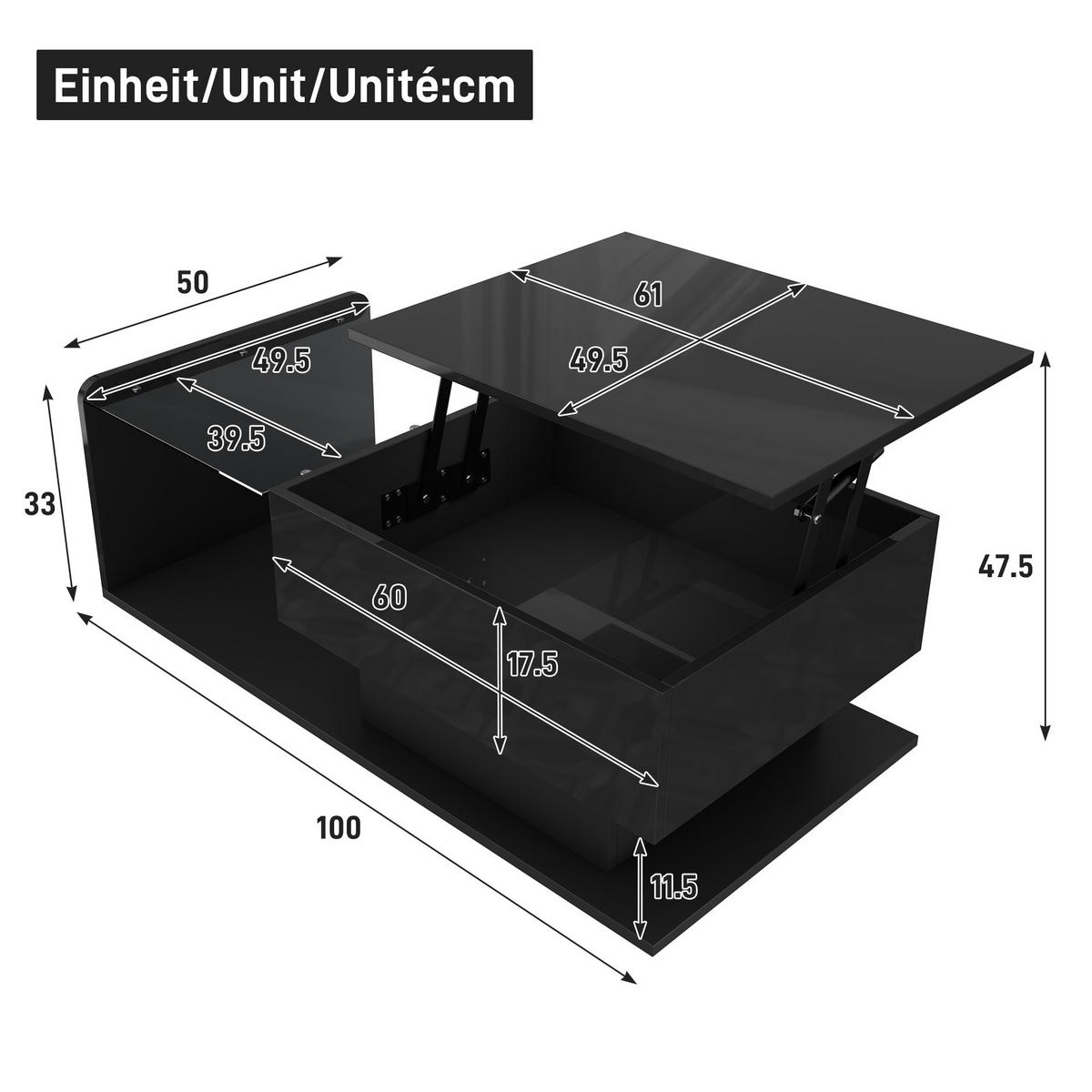 COUCHTISCH Hochglanz 100x50 cm Schwarz, LED, Beistelltisch, Glasplatte, Hebefunktion, Stauraum - Schwarz, Holz (50/100/33cm) - PARAFTA HOME