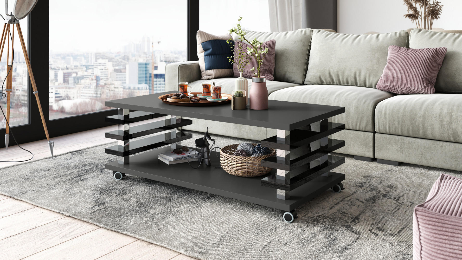 COUCHTISCH rechteckig Anthrazit matt - Schwarz Hochglanz Ablage Rollen - Schwarz Hochglanz/Anthrazit, Holzwerkstoff (60/120/45cm) - designimpex