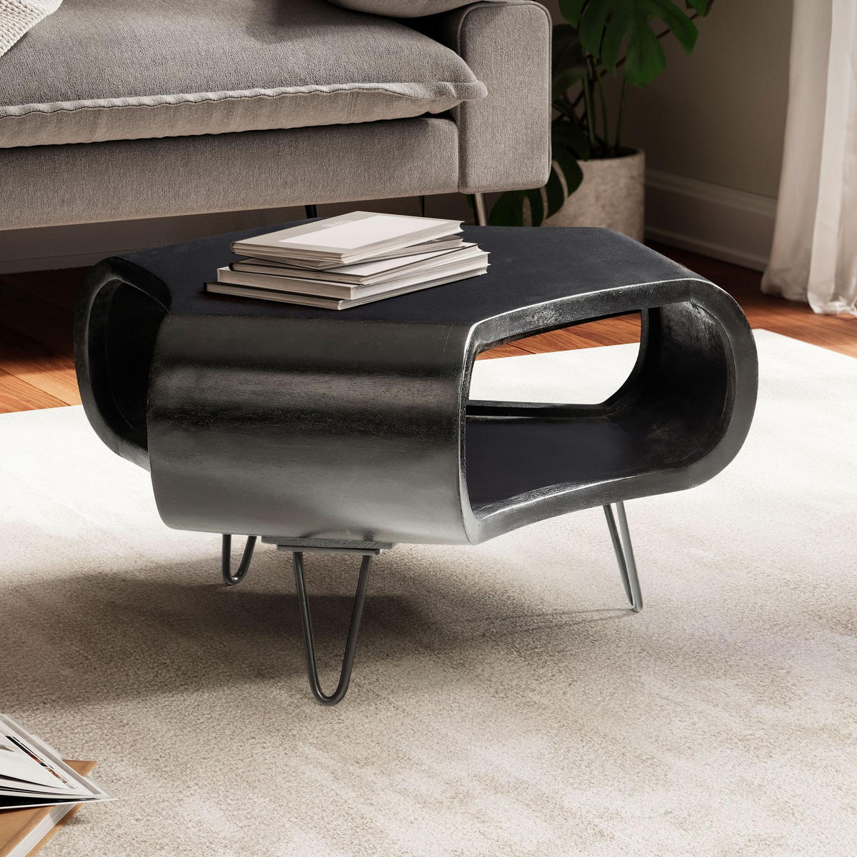 COUCHTISCH Schwarz Massivholz Mango mit Stauraum 60x60x35 cm Haarnadelbeine - Schwarz, Holz/Metall (60/60/35cm) - KADIMA DESIGN