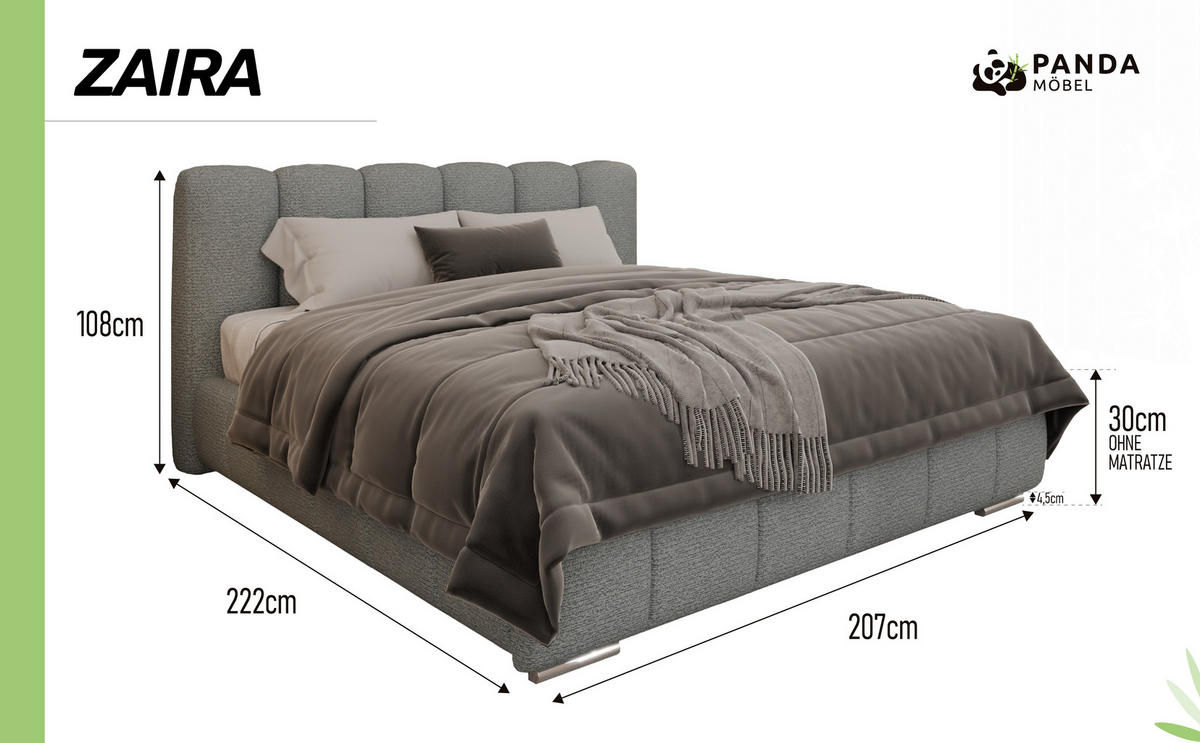 POLSTERBETT ZAIRA 180 x 200 cm mit Bettkasten und Lattenrost, 7-Zonen-Taschenfederkernmatratze CIRA (24 cm) – Grau - Grau, Holz (160/200cm) - Panda Möbel