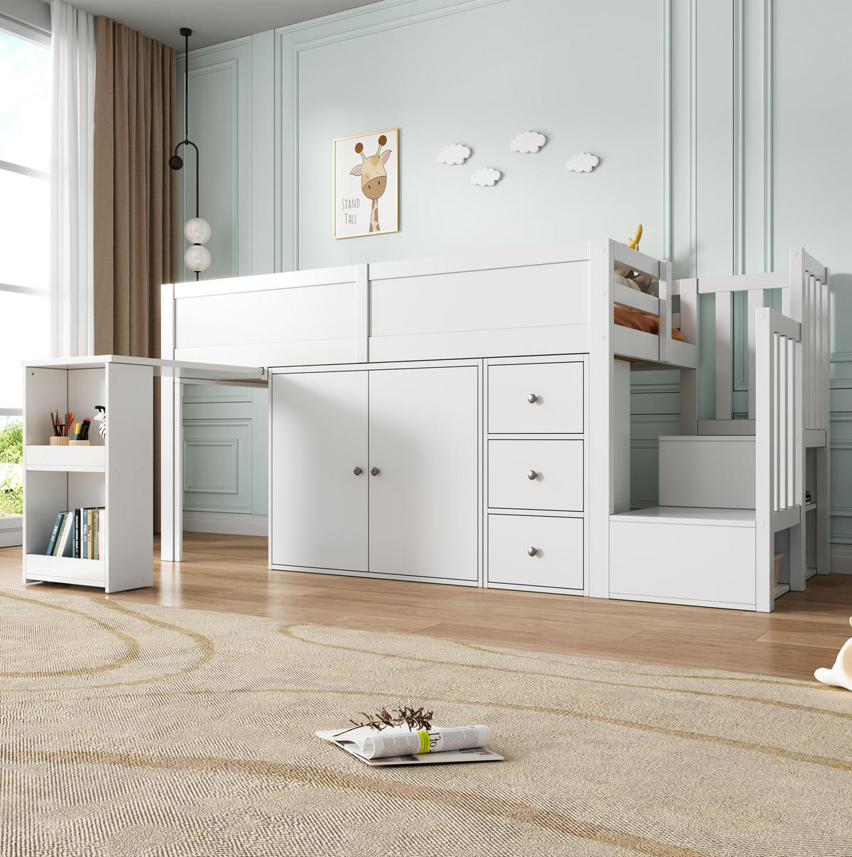 KINDERHOCHBETT 90/200 cm aus MDF mit ausziehbarem Schreibtisch und viel Stauraum Weiß - Weiß, Holzwerkstoff (90/200cm) - Modenvie
