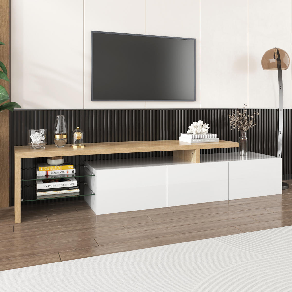 TV-SCHRANK und Glas in Weiß und Natur mit LED Beleuchtung 197.5/39/42 cm - Weiß, Holzwerkstoff (197.5/42/39cm) - Redom