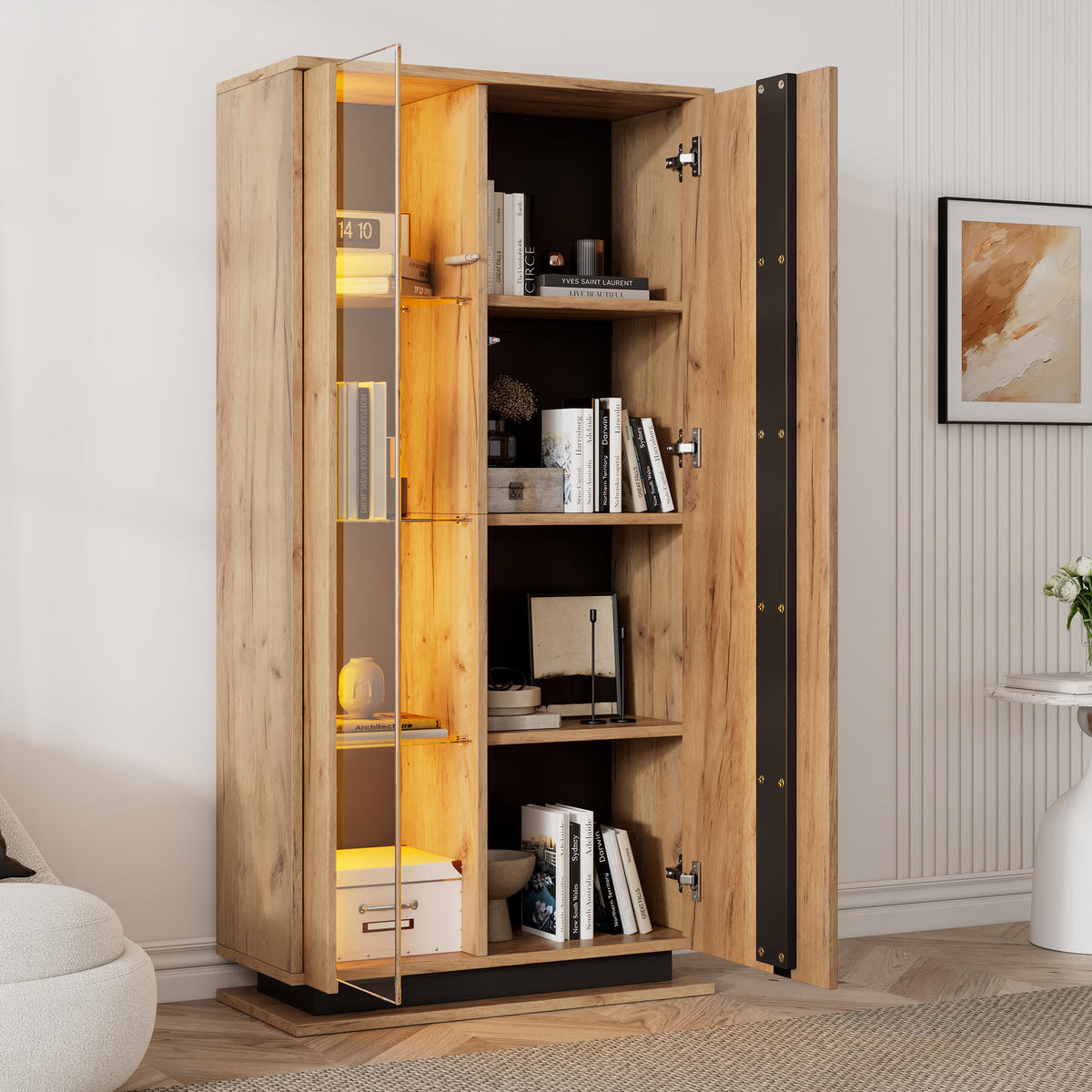 VITRINE Natur-Schwarz 80/35/160 cm - Naturfarben, Holzwerkstoff (80/160/35cm) - PANGIVO