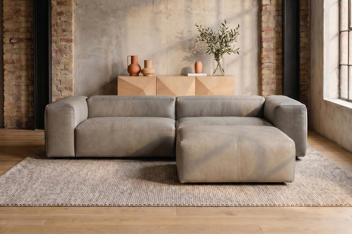 SOFA CELESTE Grau Leder - Schwarz/Grau, Leder/Kunststoff (302/114cm) - KAWOLA