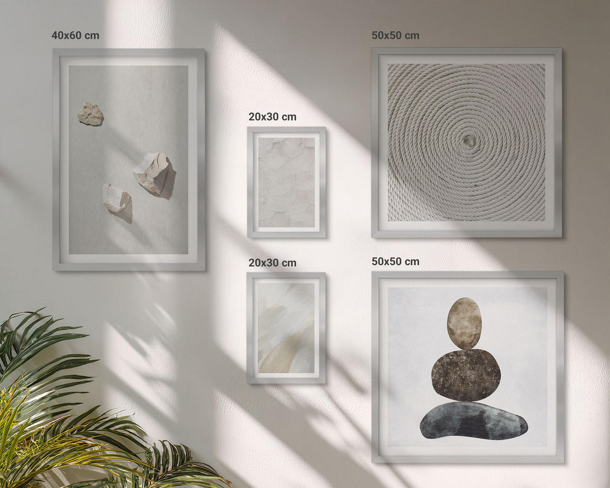 WANDBILDER 5er Set - 50x50 cm & 20x30 cm & 40x60 cm Silberner Rahmen - Sandsteine moderne Farbe - Silberfarben, Kunststoff (40/60cm) - ArtPrintCave