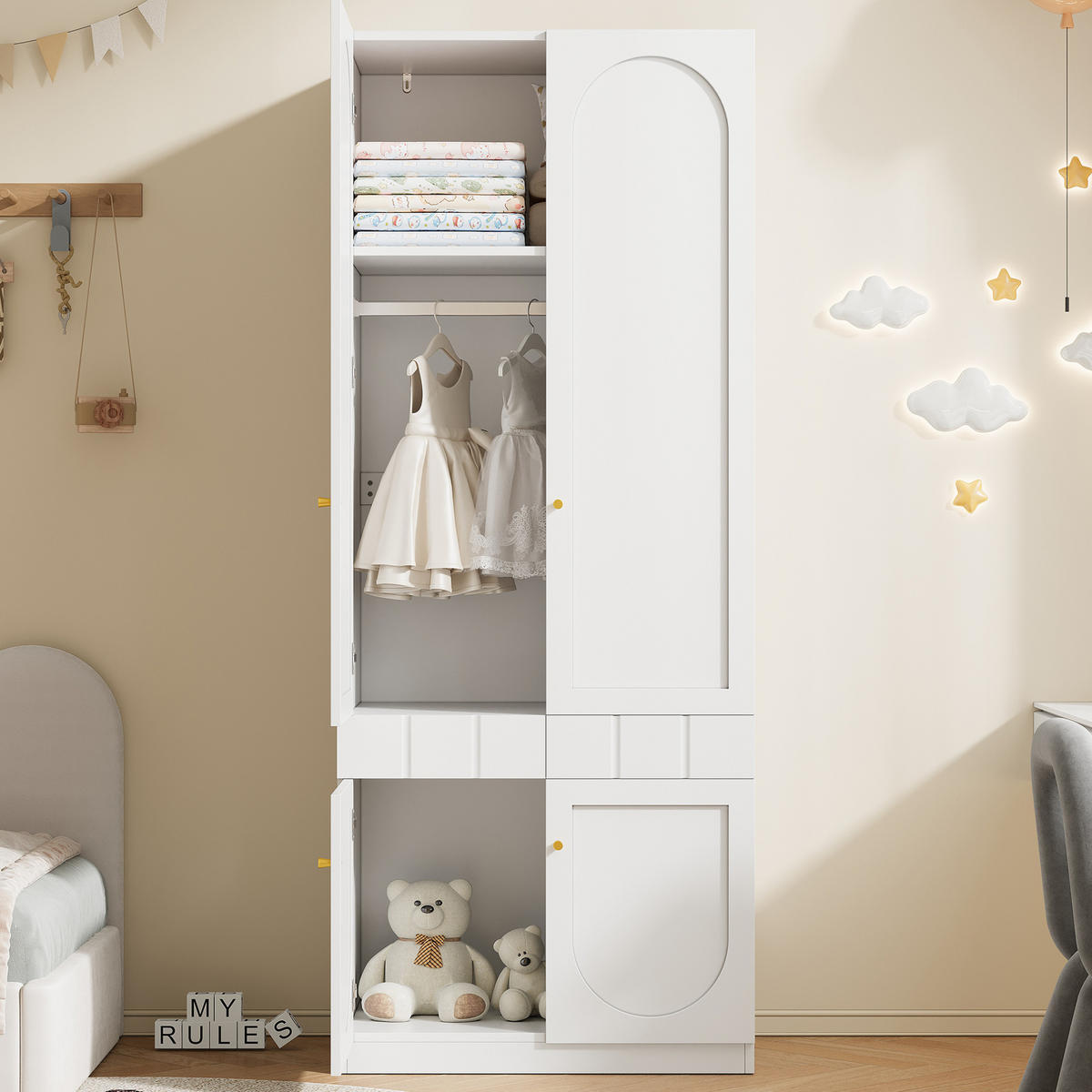 KLEIDERSCHRANK aus MDF 80x50x200 cm Weiß mit Doppeltüren, Schubladen und platzsparendem Stauraum - Weiß, Holzwerkstoff (80/200/50cm) - Modfu