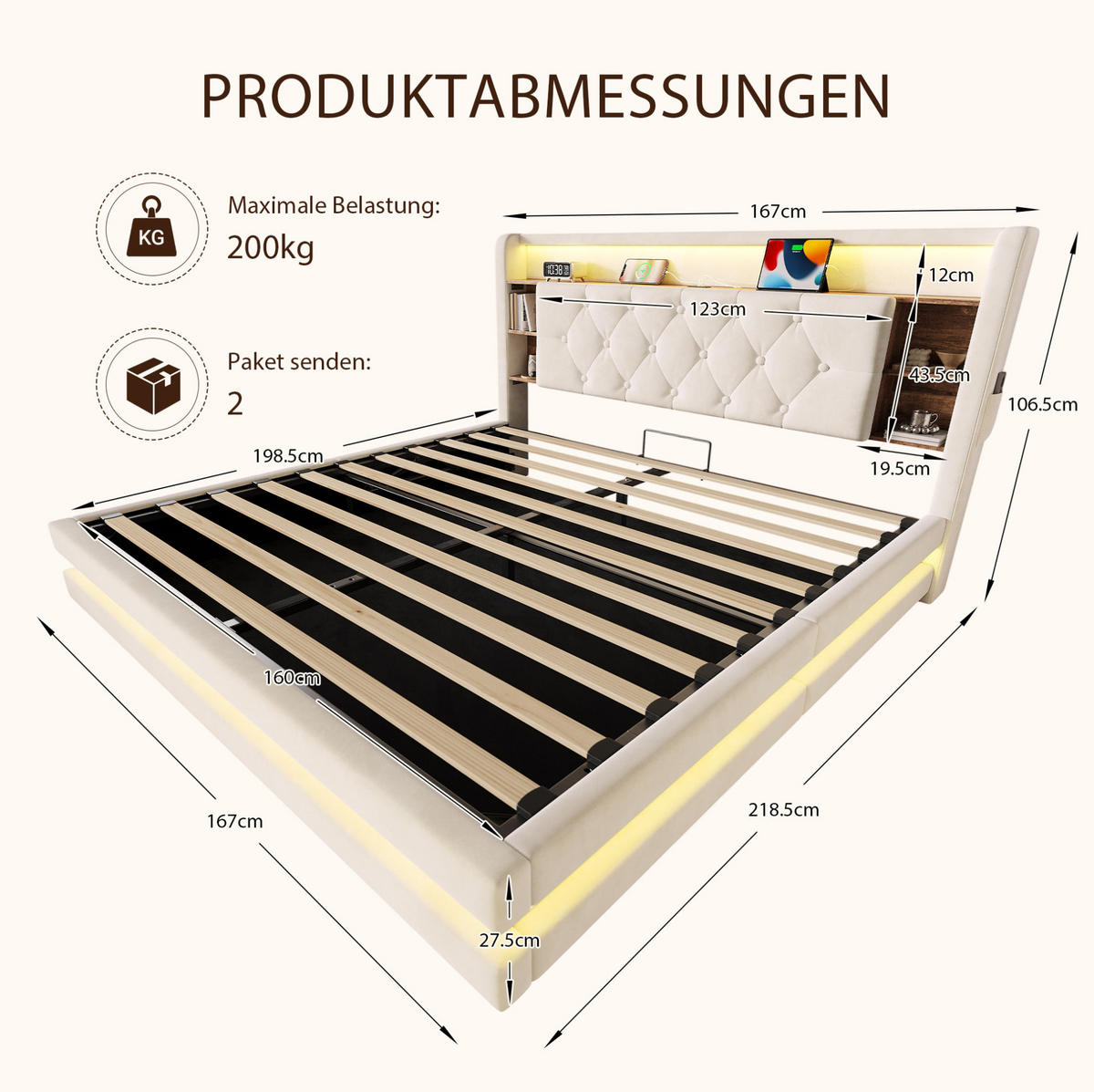 POLSTERBETT aus Samt 160x200 cm Beige mit Bettkasten, LED-Beleuchtung, USB- und Type-C-Anschlüssen - Beige, Textil (160/200cm) - Modfu